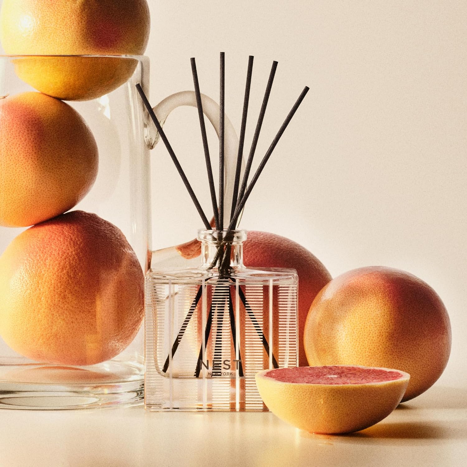 NEST New York Reed Diffuser, Grapefruit - 5.9 fl oz - Fragrance for Up to 90 Days - Reusable, Refillable Glass Holder - Includes 8 All-Natural Reed Sticks - Flame Free