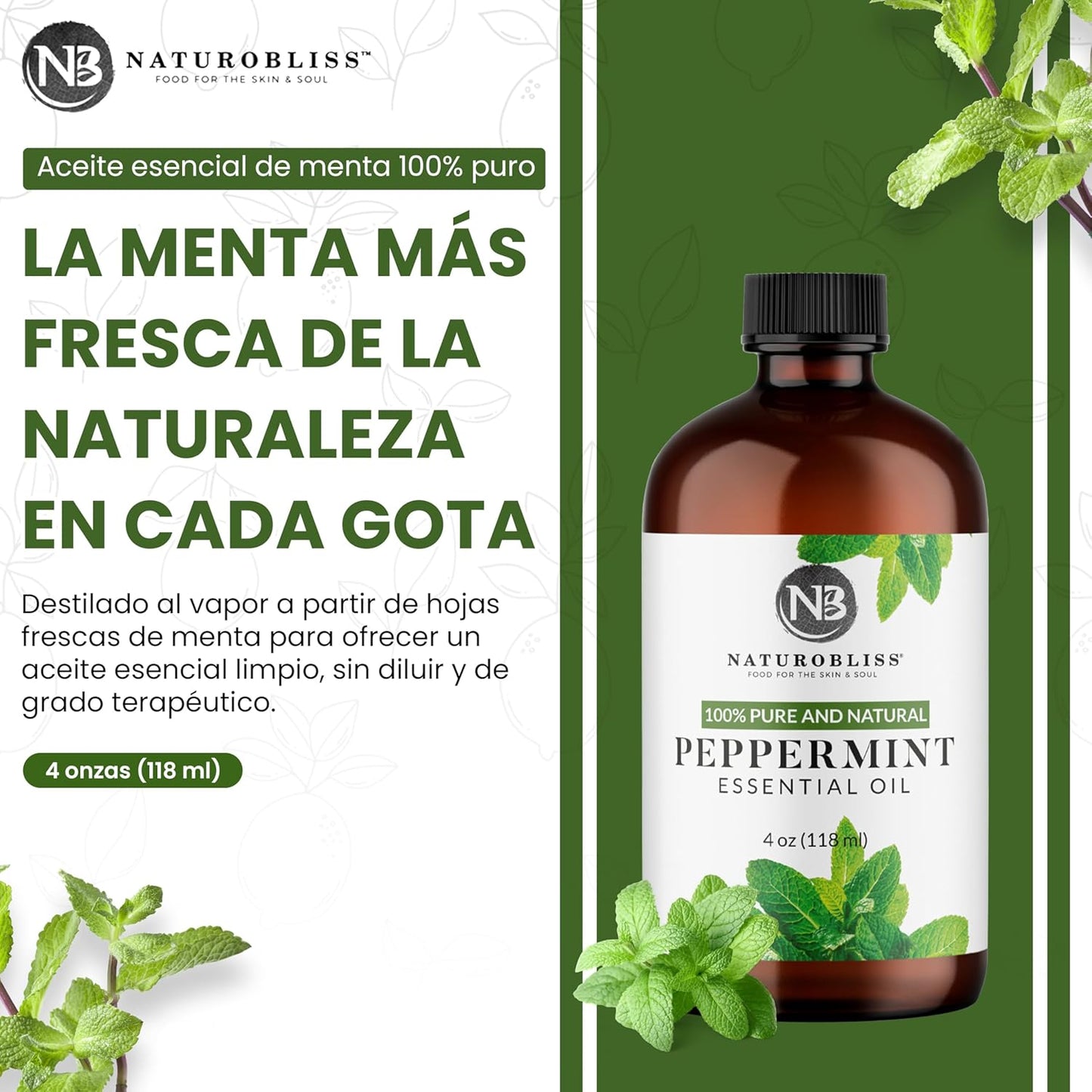 NaturoBliss Peppermint Essential Oil, 100% Pure and Natural Therapeutic Grade, Premium Quality Peppermint Oil, 4 fl. Oz - Perfect for Aromatherapy and Relaxation