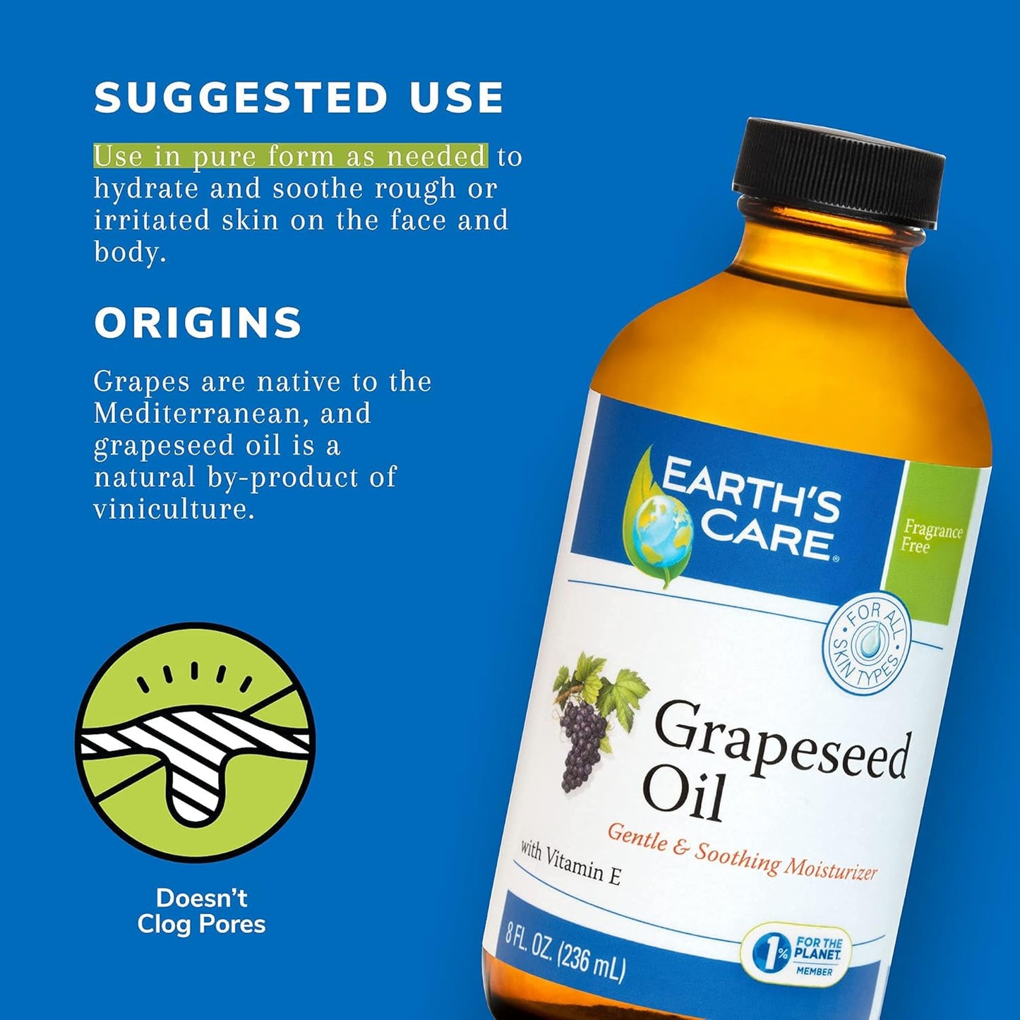 Earth's Care Grapeseed Oil - Natural, Expeller Pressed, for Skin and Hair - Lightweight Body Oil for Dry Skin, Glass Bottle, 8 FL. OZ.
