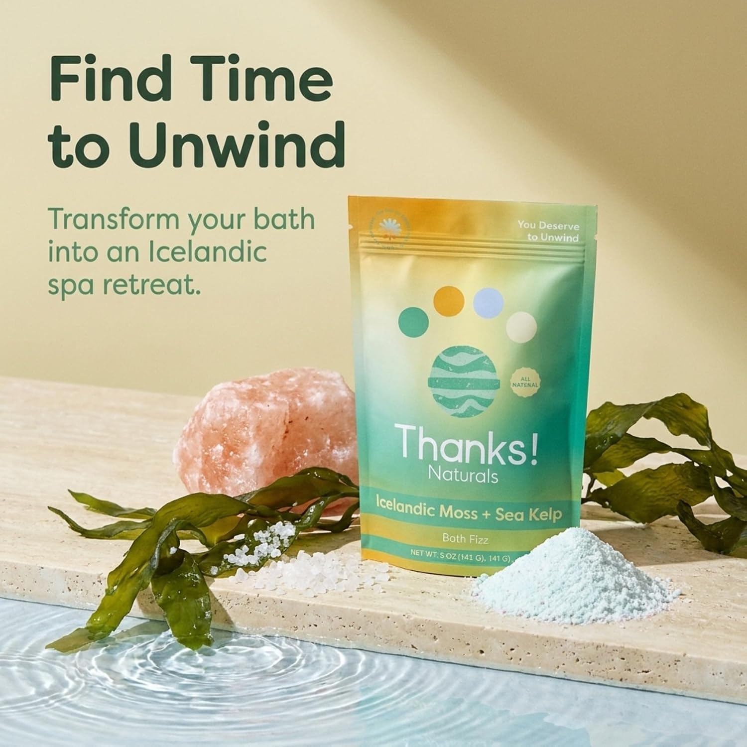 Bath Fizz, Icelandic Moss + Sea Kelp, Vegan & Natural Bath Fizz with Sea Moss, Vitamin E, Shea Butter & Himalayan Pink Salt, Spa at Home, Self Care Essential, Multiple Baths, 4 OZ