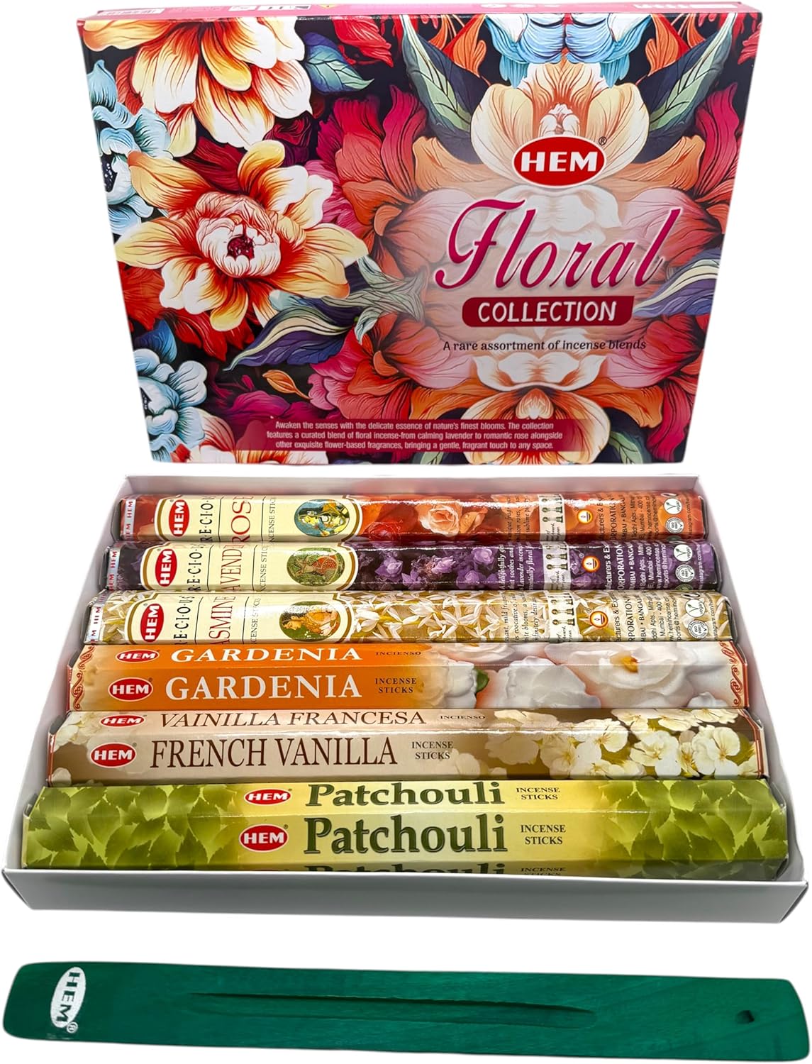 Hem Incense Sticks Assorted Floral Pack (6 Sets x 20 Sticks) with Incense Stick Holder 120 Sticks Total | Patchouli French Vanilla Gardenia Jasmine Rose Precious Lavender