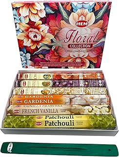 Hem Incense Sticks Assorted Floral Pack (6 Sets x 20 Sticks) with Incense Stick Holder 120 Sticks Total | Patchouli French Vanilla Gardenia Jasmine Rose Precious Lavender