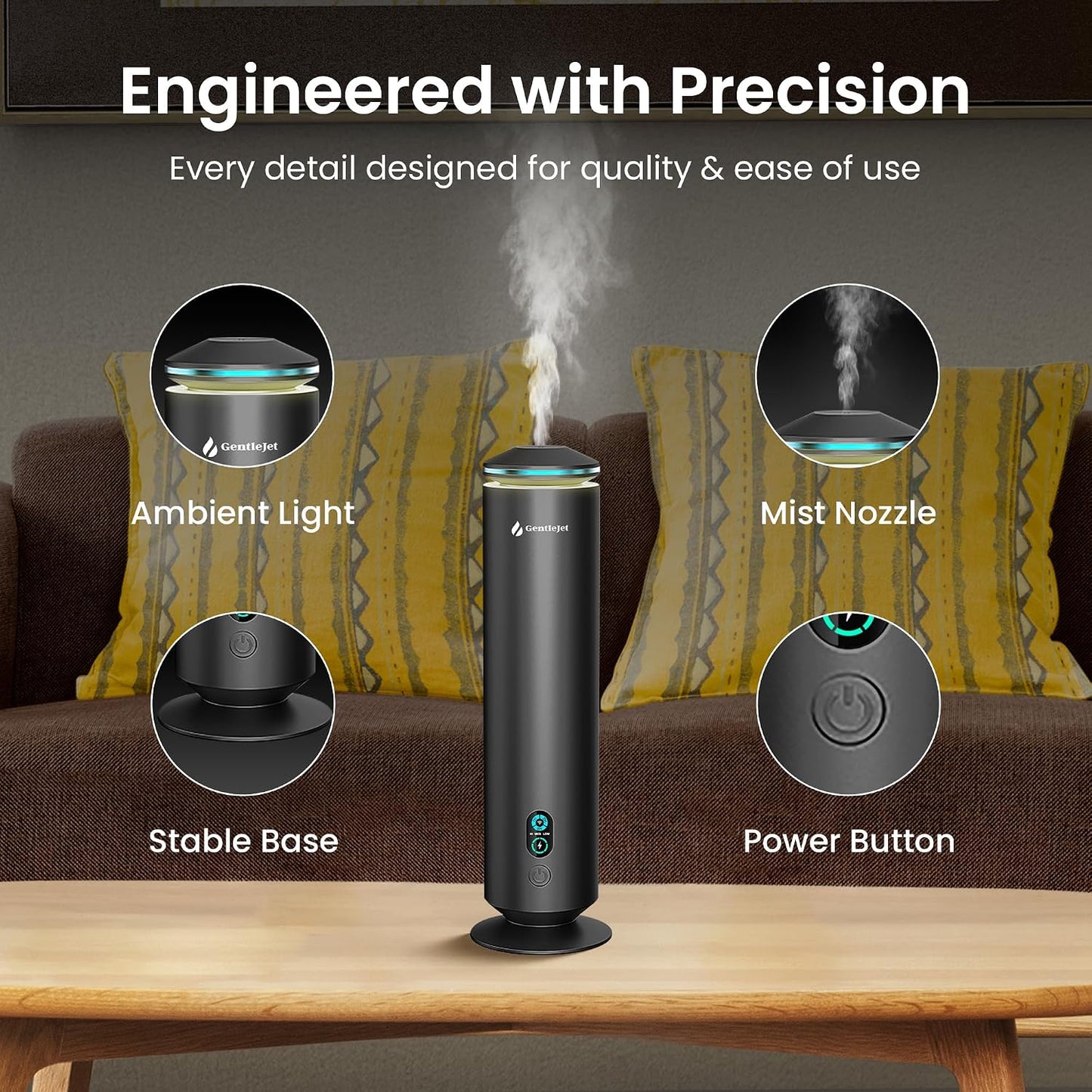 GentleJet MajesticMist Waterless Essential Oil Diffuser for Large Room (1000 sq ft), Cold Air Nebulizing Scent Machine, Rechargeable, Wireless Charging Base, Quiet Aluminum, Remote Control