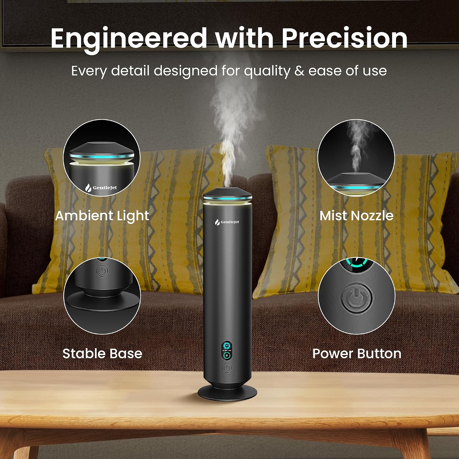 GentleJet MajesticMist Waterless Essential Oil Diffuser for Large Room (1000 sq ft), Cold Air Nebulizing Scent Machine, Rechargeable, Wireless Charging Base, Quiet Aluminum, Remote Control