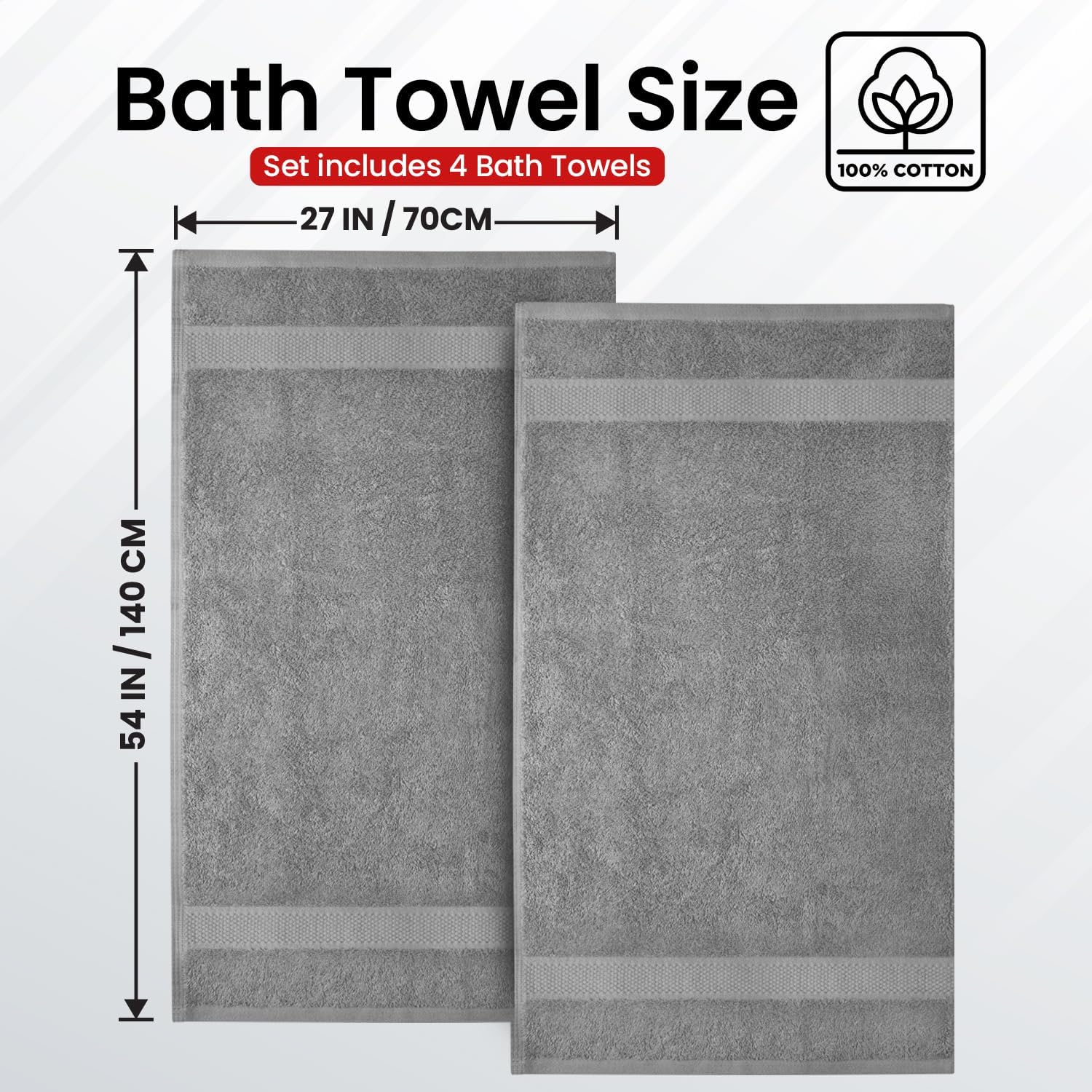 Infinitee Xclusives Luxury 100% Ring-Spun Cotton Bath Towels Set of 4 (27x54 inches) – Soft, Absorbent & Quick-Drying Towels for Bathroom, Gym, Spa & Hotel Use (Charming Grey, Bath Towels)