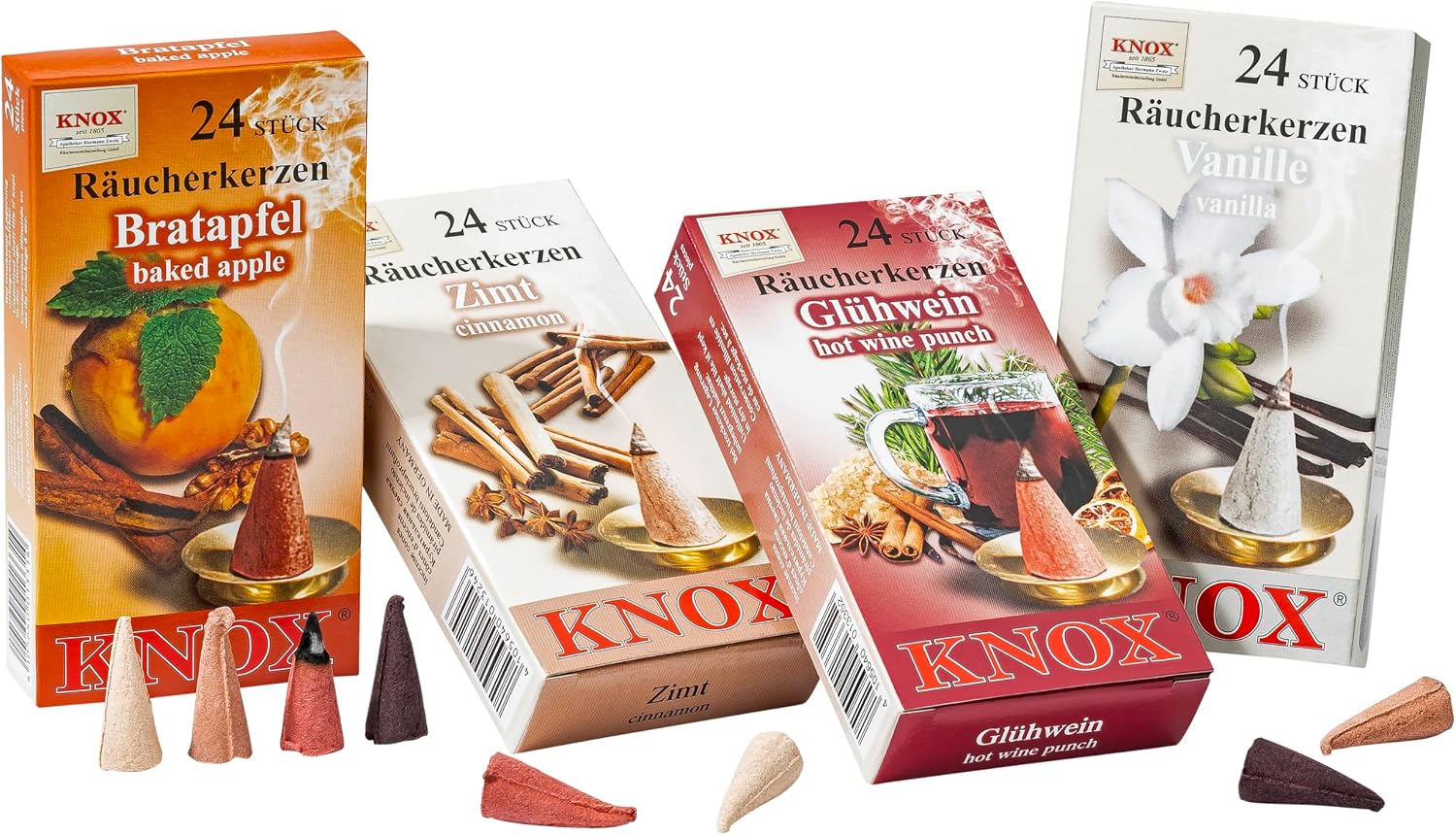 German Incense Cones Bundle Christmas Markets- 4 mostloved Smells from Knox Räucherkerzen/Apotheker Hermann Zwetz. MaMeMi Gift-Set with DIY Mini Nativity Scene