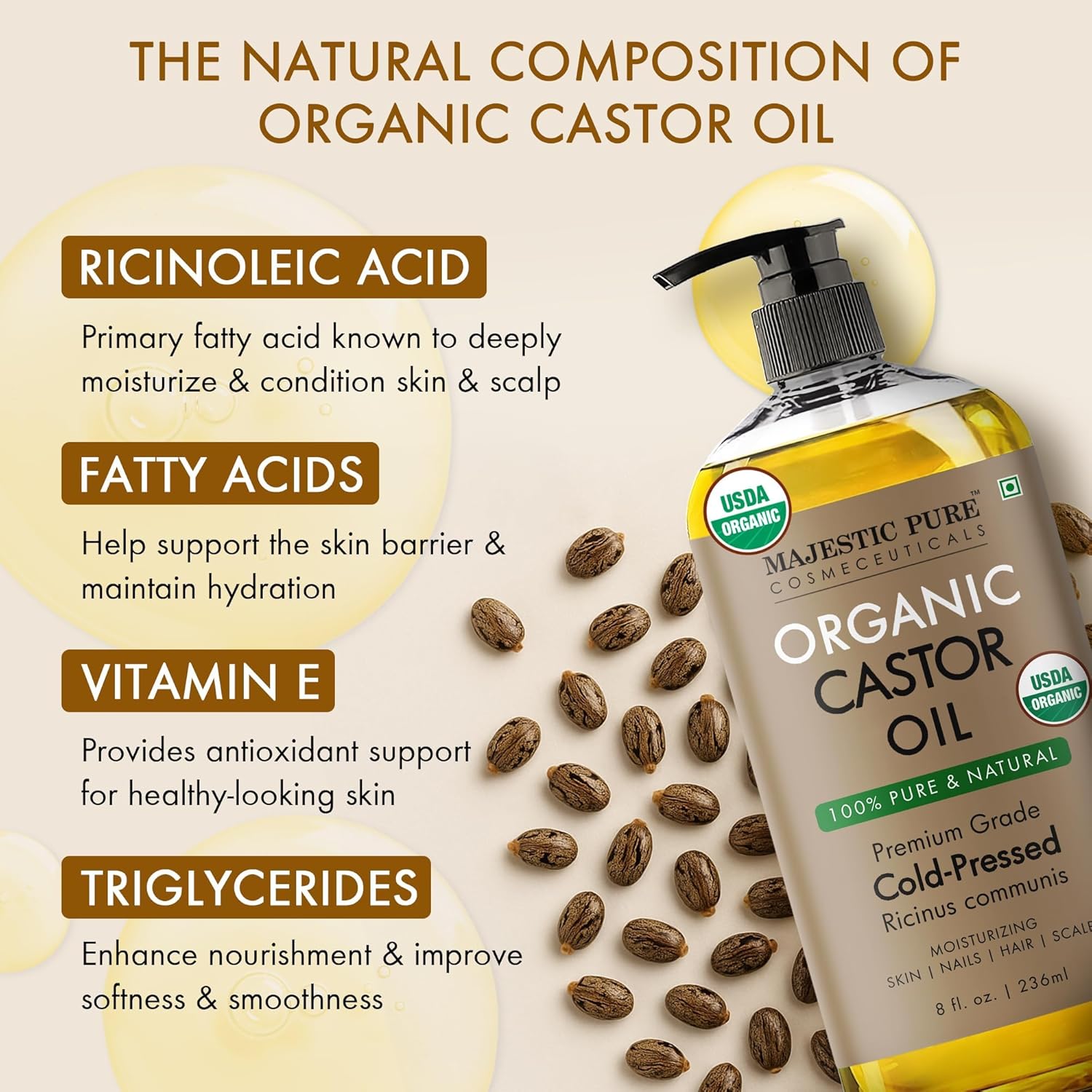 Majestic Pure Oil - 100% Pure and Natural- Cold Pressed & Hexane Free Natural Hair Growth Oil for Eyelashes, Eyebrows, Skin, Body, Face, Nails & Scalp - USDA Organic Castor Oil 8 Fl Oz