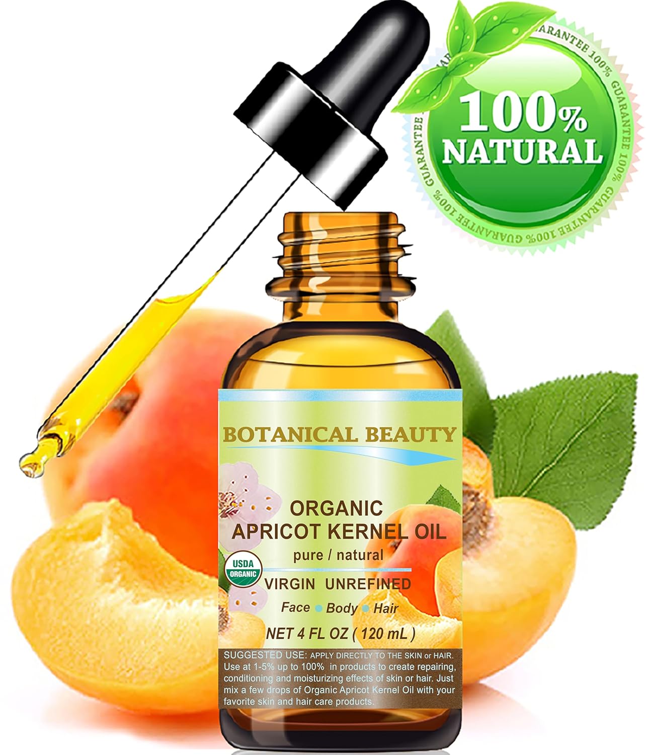 Botanical Beauty ORGANIC APRICOT KERNEL OIL Australian 100% Pure Virgin Unrefined Cold Pressed Carrier Oil 4 oz- 120 ml for Face Hair Body Nails Skin Anti-Aging