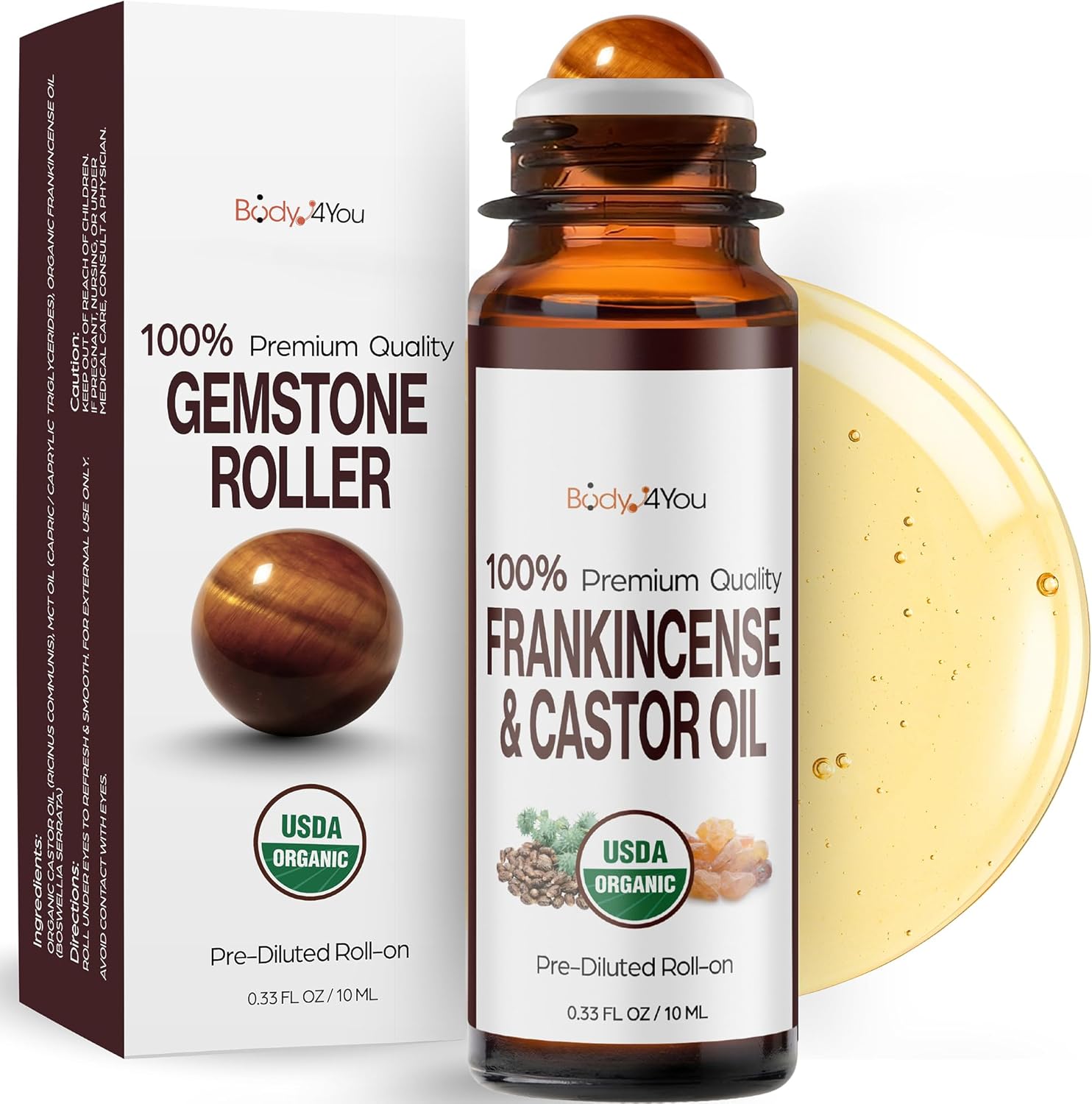 Castor Oil Frankincense Essential Oil Roll On for Face Eyebrows Under Eye - 100% Pure USDA Organic MCT Coconut - Dark Circles Fine Lines Facial Skin Care Serum - Gemstone Roller 10ml Travel Size