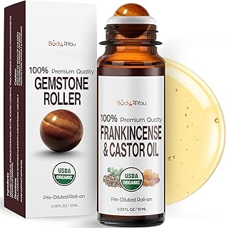 Castor Oil Frankincense Essential Oil Roll On for Face Eyebrows Under Eye - 100% Pure USDA Organic MCT Coconut - Dark Circles Fine Lines Facial Skin Care Serum - Gemstone Roller 10ml Travel Size
