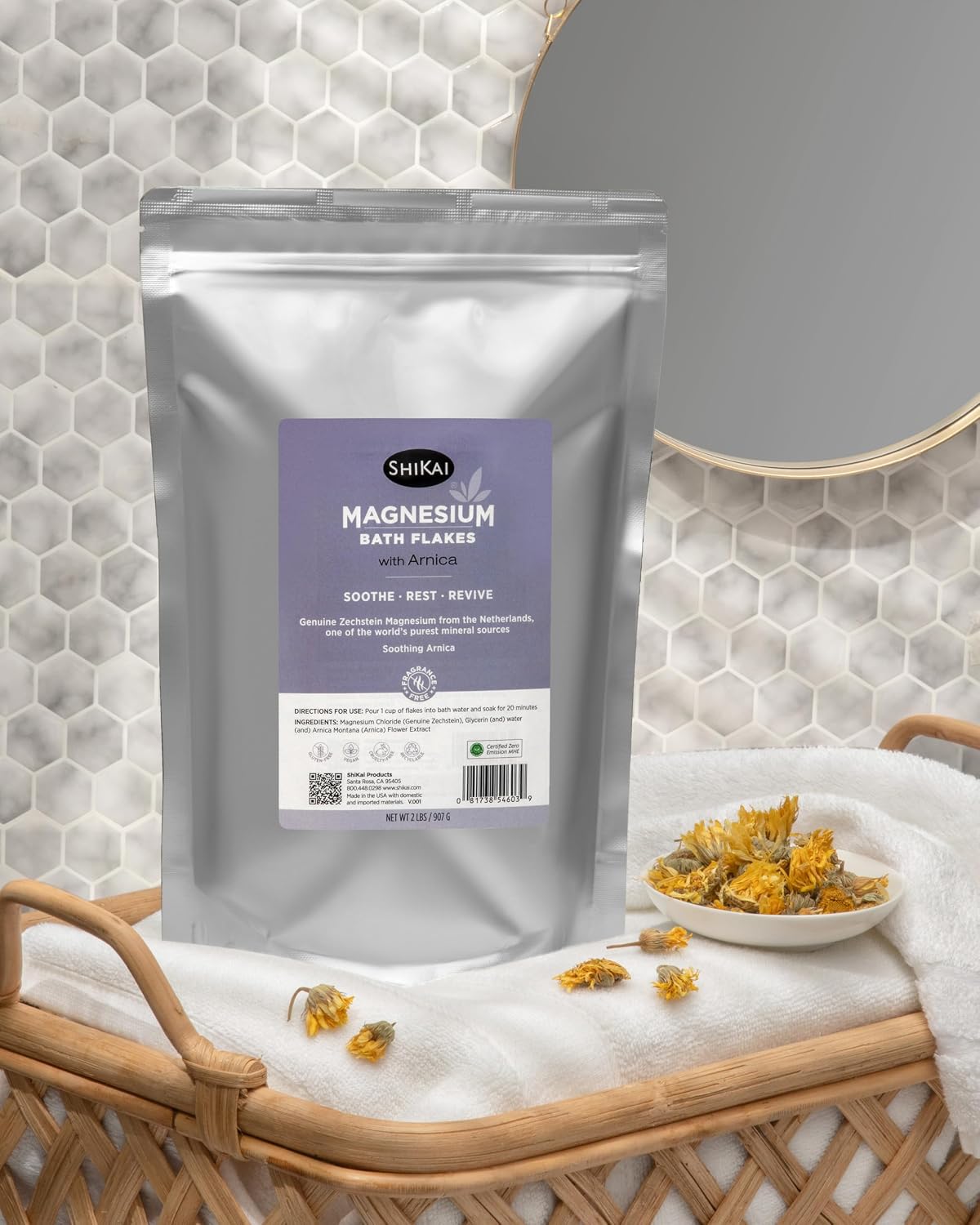 ShiKai Magnesium Bath Flakes with Arnica (32 oz) | Bath Salt Soak for Muscle Relief | Fragrance Free