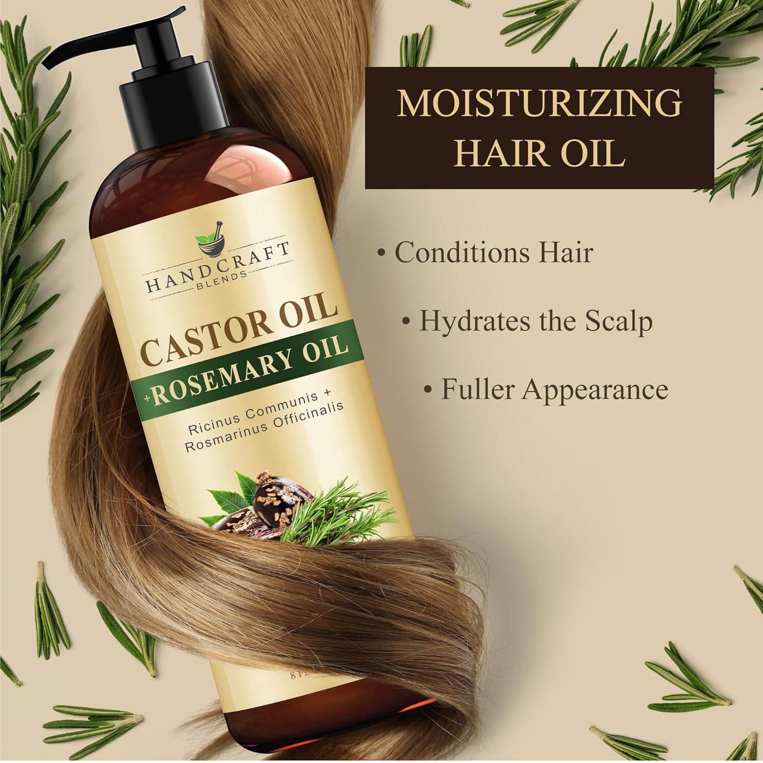 Handcraft Blends Castor Oil with Rosemary and Coconut Oils for Hair Growth, Eyelashes and Eyebrows - 100% Pure and Natural Hair, Body and Carrier Oil