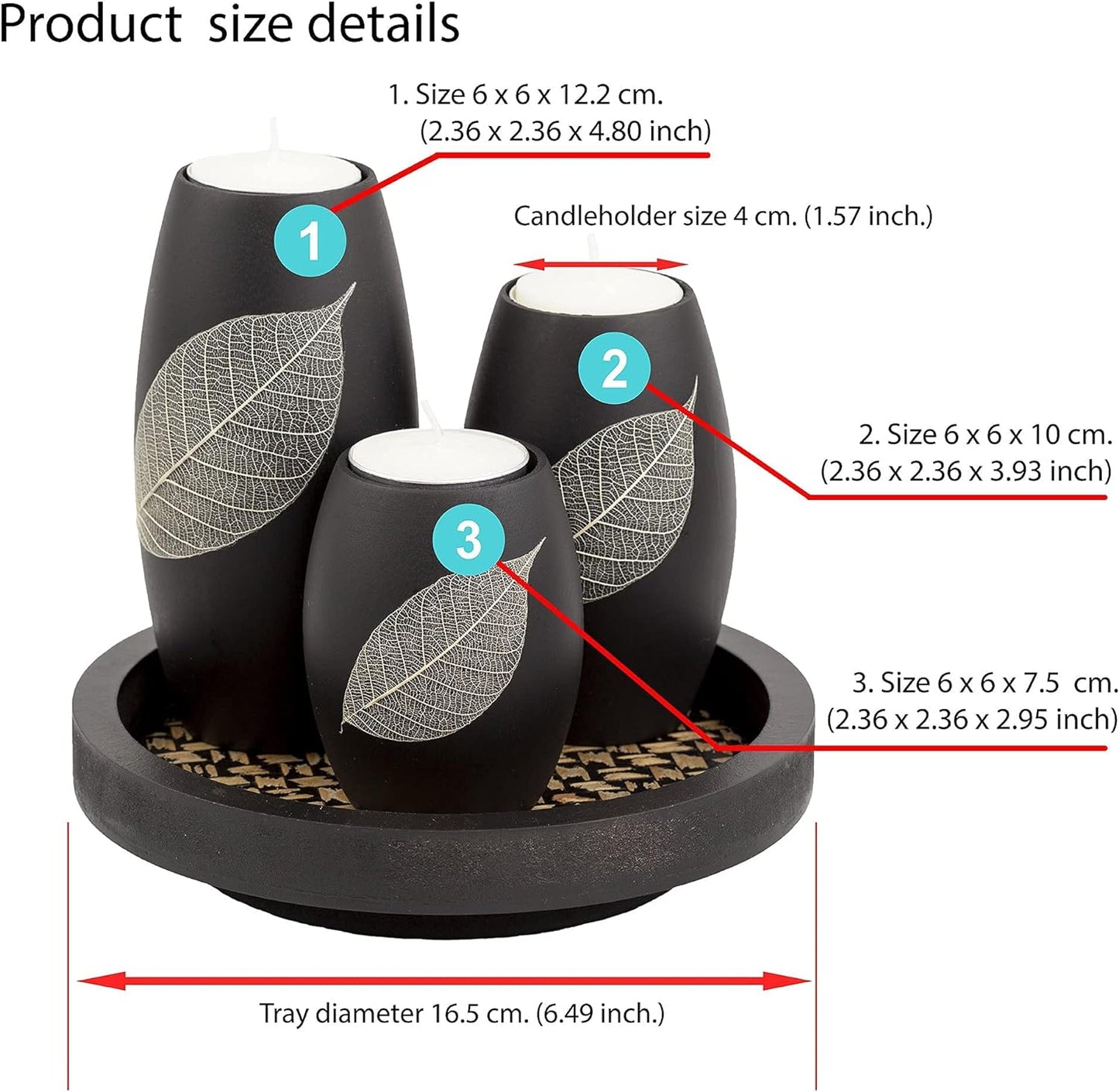 IYARA CRAFT Candle Holder Set with Tray – 3 Handmade Wood Tealight Holders, Black Leaf Design, Winter Home Décor, Spa-Inspired Holiday Centerpiece & Elegant for Women, Mom, Housewarming