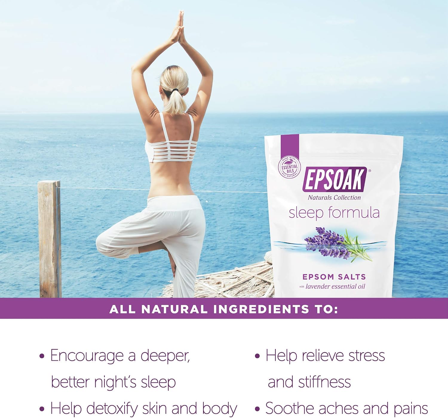 Epsoak Epsom Salt 2 lb. USP Magnesium Sulfate with Lavender Scent Resealable Epsom Salt Bag, Made in The USA, Cruelty-Free Certified