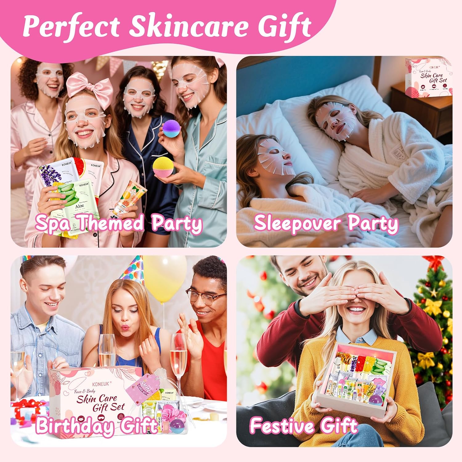 60PCS Spa Party Supplies for Girls, Include Face Masks, Hand Cream, Lip Balm, Foot Bath Bombs, Lip Mask, Under Eye Patches, Compressed Towels, Spa Birthday and Sleepover Party Supplies for Girls Women