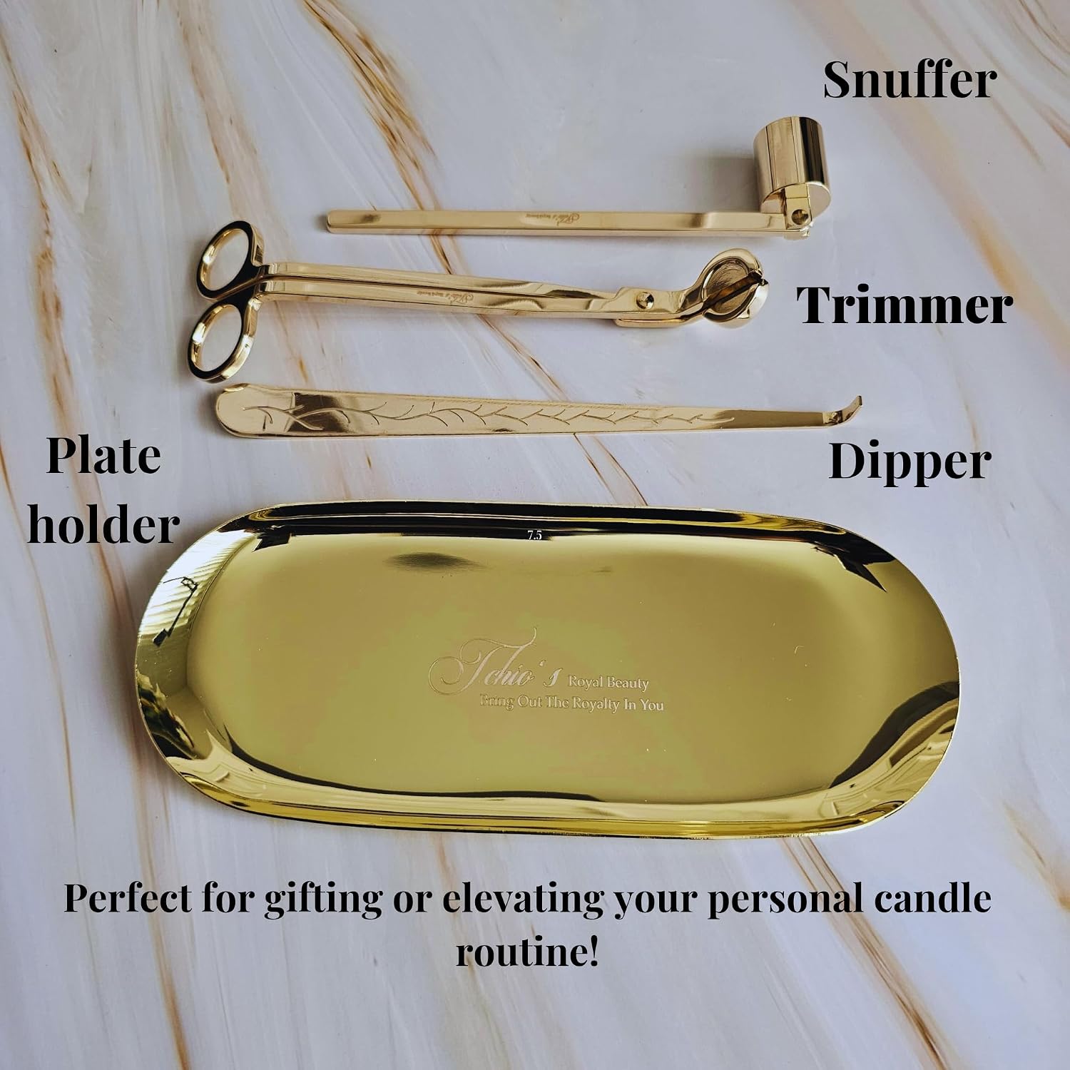 Candle Wick Trimming Set – 4-Piece Gold-Plated Kit with Decorative Tray – Wick Trimmer, Snuffer, Dipper – Luxury Gift Box Included