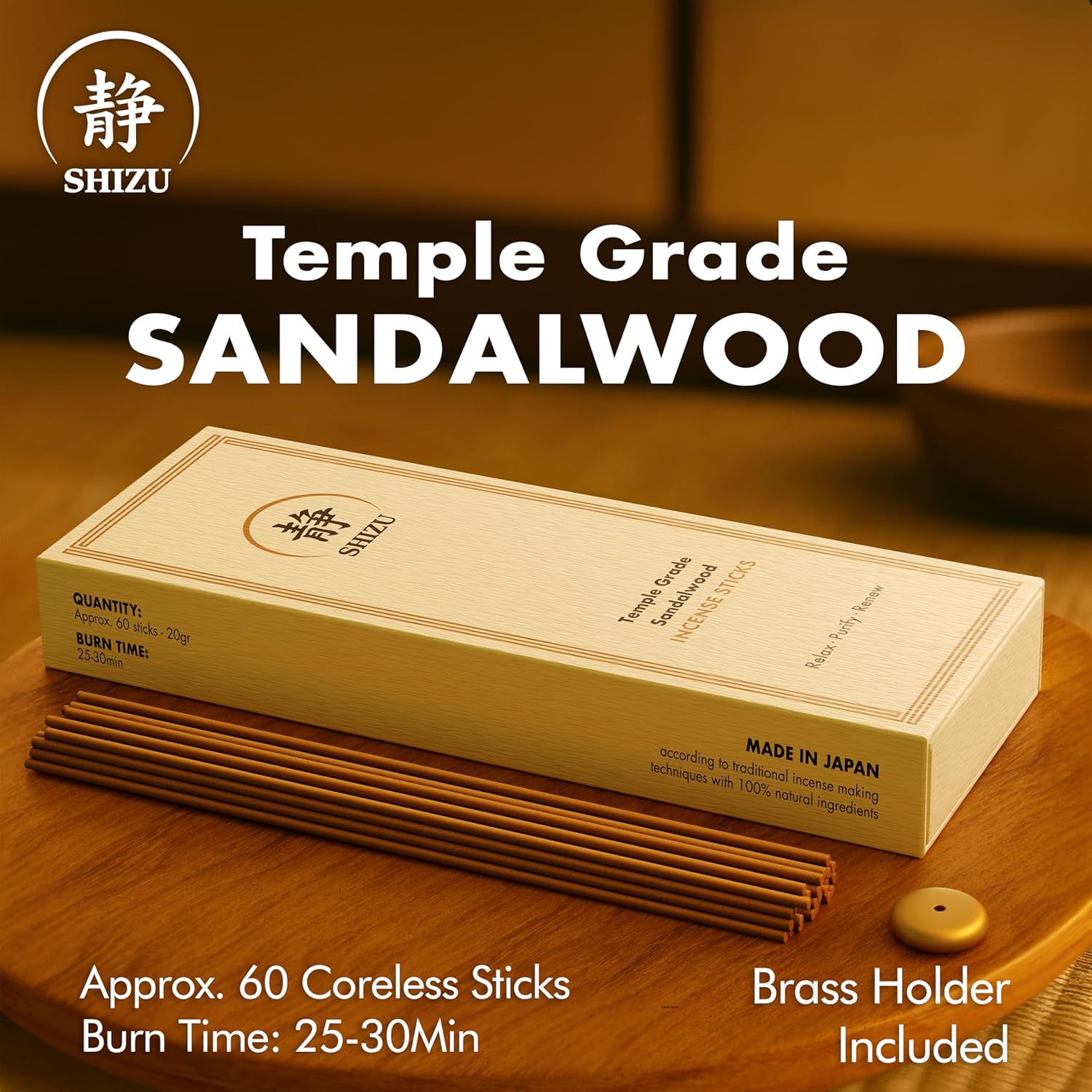 Shizu Sandalwood Incense Sticks – Artisanal Temple Grade Japanese Incense with Brass Holder – Subtle, Calming Scent for Relaxation, Meditation & Home Spa, Elegant Gift Set (60 Sticks)