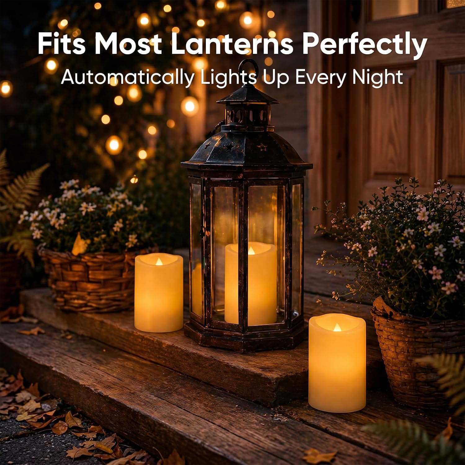 Homemory Outdoor Waterproof Flameless Candles with Auto Light Sensor, Flickering LED Pillar Candles, Dusk to Dawn Battery Operated Fake Candles Lanterns, Porch, Patio, Garden Decor, 3"x5", Set of 2
