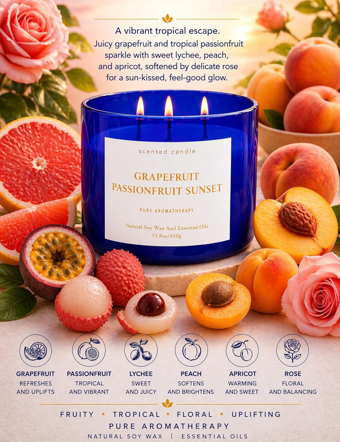 Grapefruit Passionfruit Sunset Scented Soy Candle | Large 3 Wick Candle for Home, 15.8 oz | Sweet Tropical & Fruity Candle | Summer Candles for Women & Men | Birthday Gifts for Women & Her