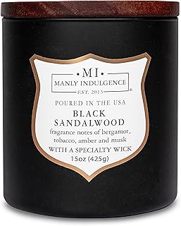 Manly Indulgence Black Sandalwood Scented Candle for Men 15 oz – Bergamot, Tobacco, Amber & Musk - Wood Wick - Up to 60 Hours Burn - Soy Blend Wax, USA Poured – Signature Collection