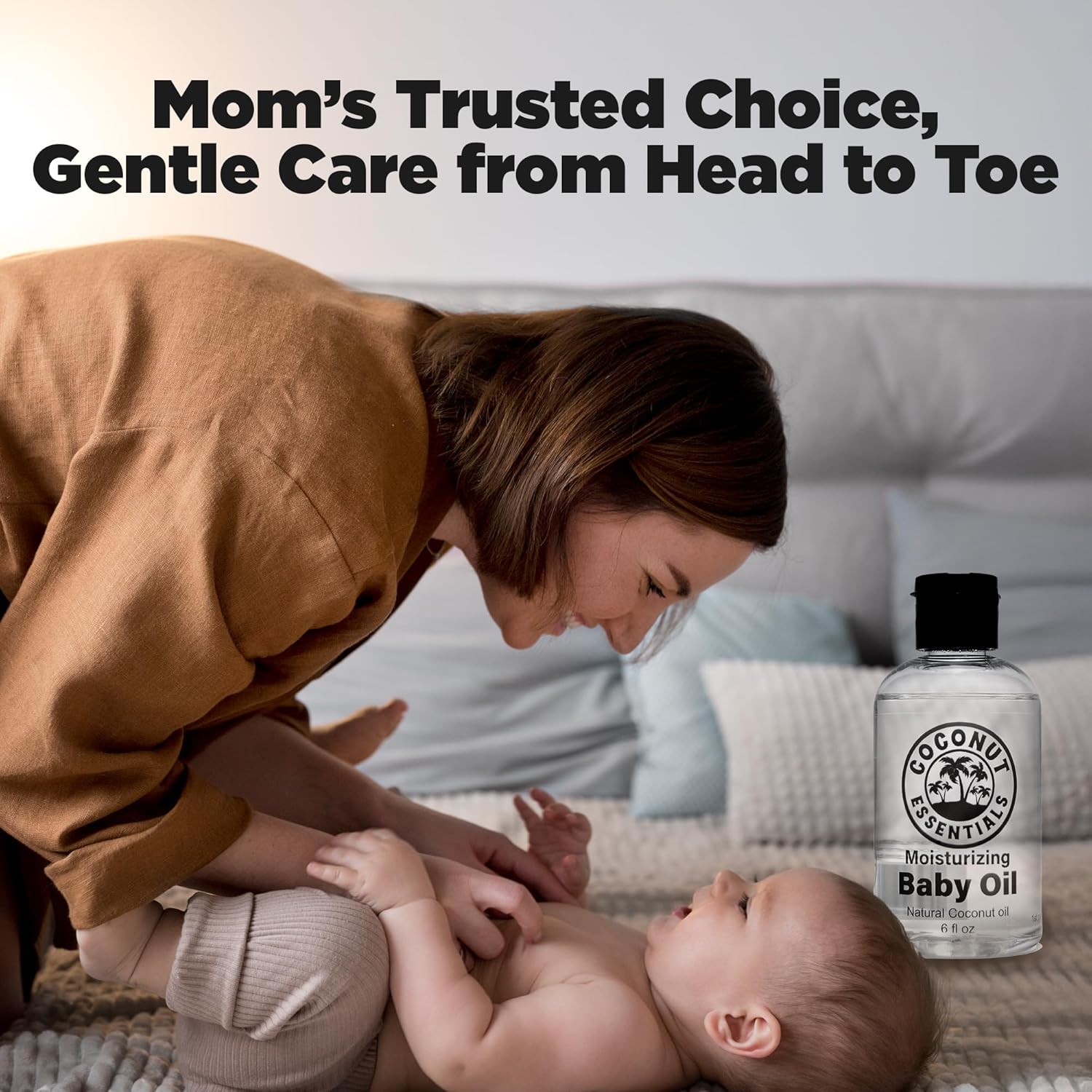 Coconut Essentials BABY OIL - Liquid Coconut oil (MCT) - No Mineral oil - Unscented Moisturizer - Infant & Newborn - Massage, Scalp Sensitive Skin, Eczema & Dry Skin Relief - Fragrance Free (6oz)