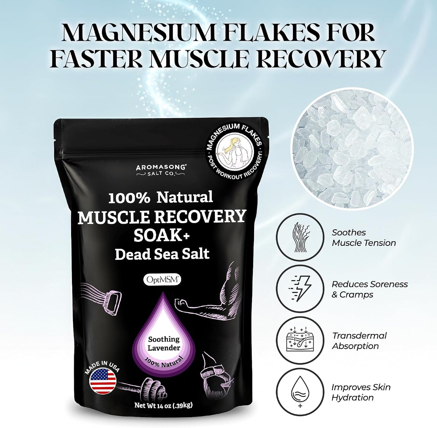 Aromasong Muscle Recovery Bath Soak 3 LB - Natural Bath Salt with Dead Sea Salt, Pure MSM, Magnesium Flakes & Essential Oils for Post Workout Soreness - Made in USA