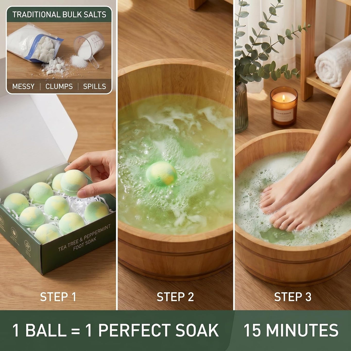 Tea Tree Oil Foot Soak Bombs with Epsom Salt, Cleanses & Refreshes, Softens Calluses, Soothes Tired Feet, Athletes Foot, Therapeutic Blend of Epsom Salt, Dead Sea Salt & 8 Essential Oils