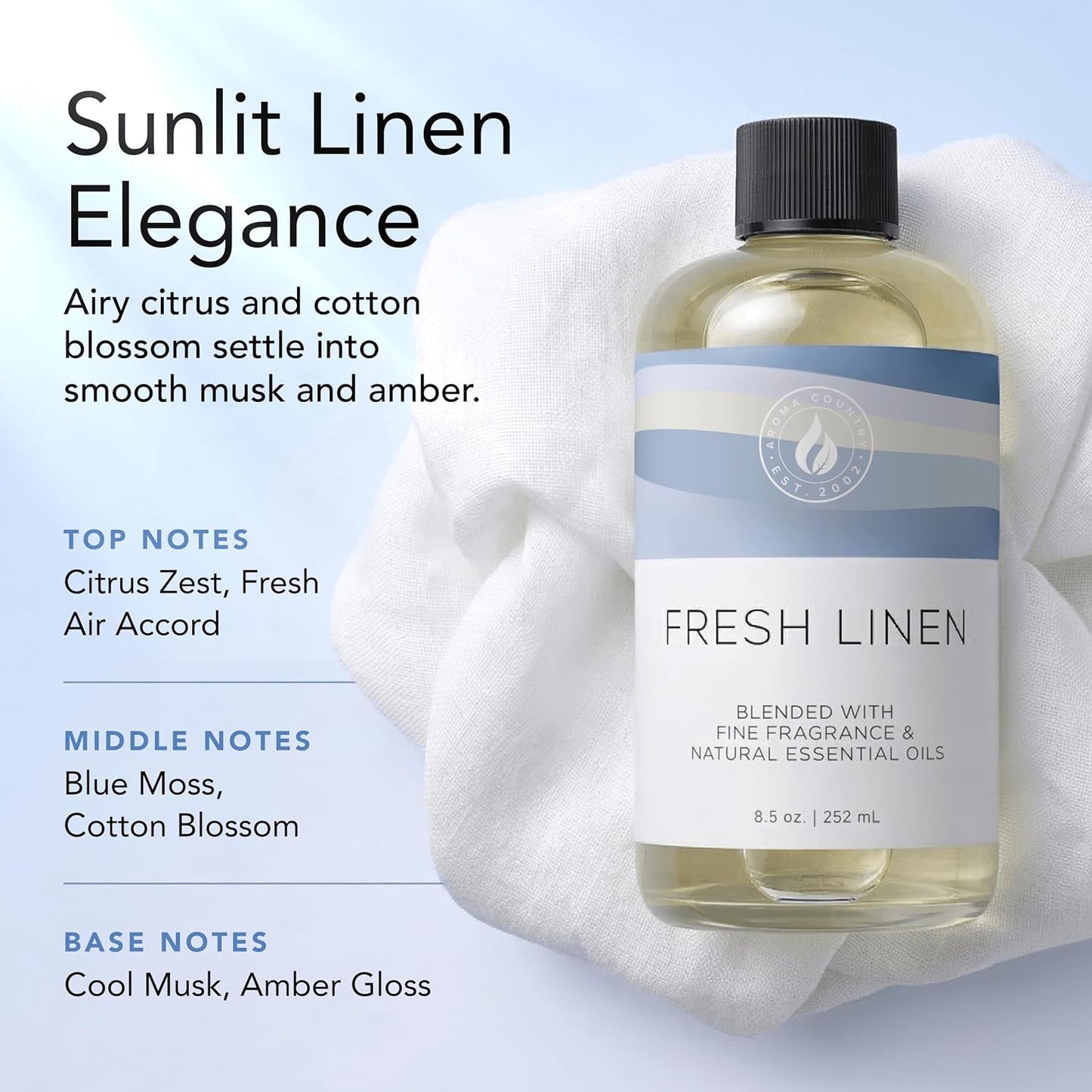 AROMA COUNTRY Fresh Linen Diffuser Oil - Luxury Essential Oils for Diffuser Refill & Air Freshener Room Spray, Long-Lasting, Natural Home Fragrance & Hotel Scent for Diffusers & Machines (4 Fl oz.)