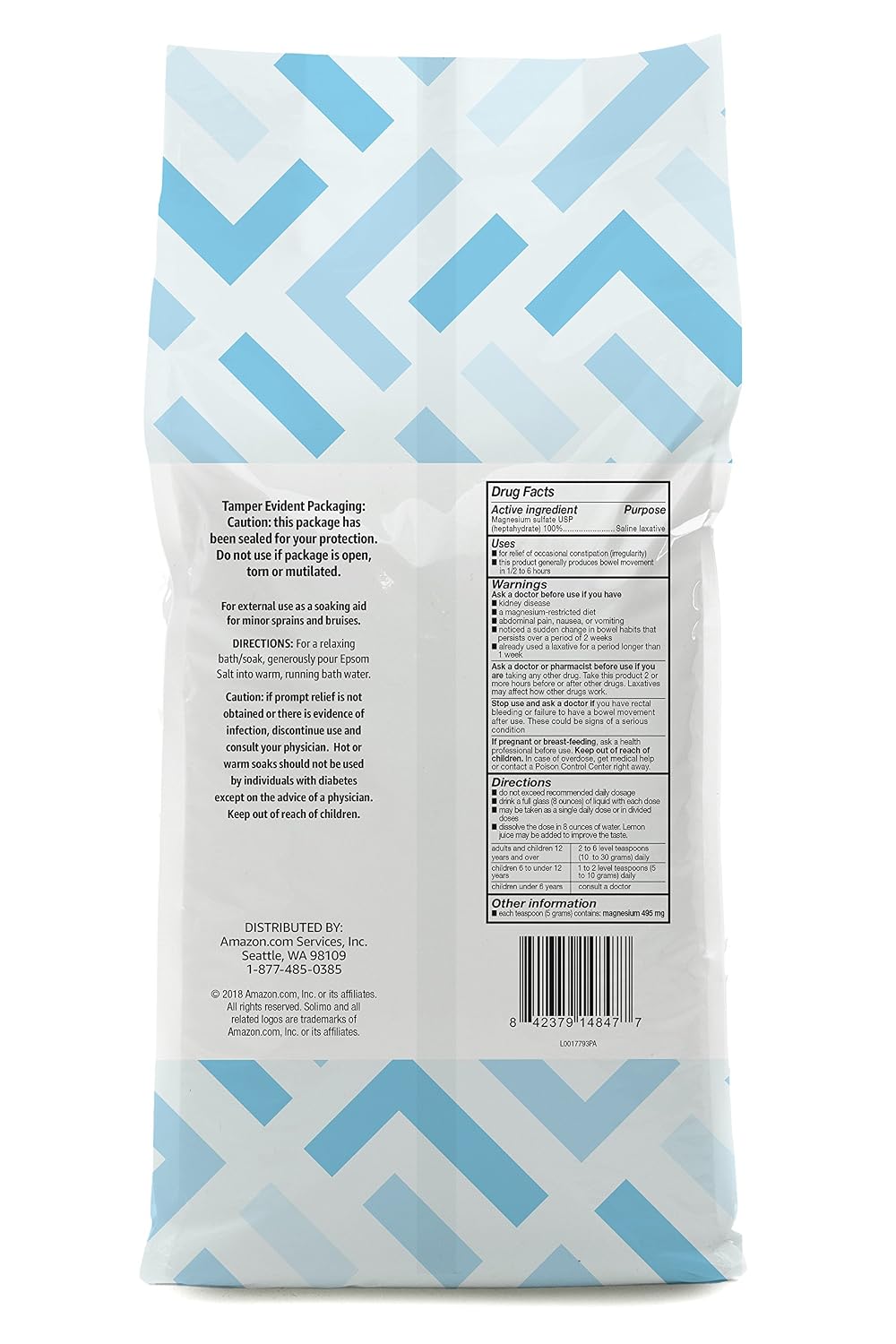 Amazon Brand - Solimo Epsom Salt Soak, Magnesium Sulfate USP, Relaxing Bath Soaking Aid, Unscented, 8 Pound, Pack of 3, Resealable Bags