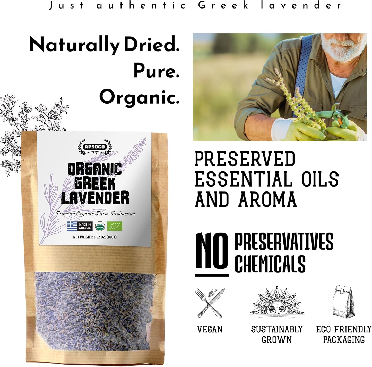 Apsogo Organic Greek Lavender - Dried Culinary Lavender for Tea, 1.76oz | Single-origin Lavandula angustifolia, hand-harvested in the Peloponnese. Whole dried lavender for tea, baking and syrups