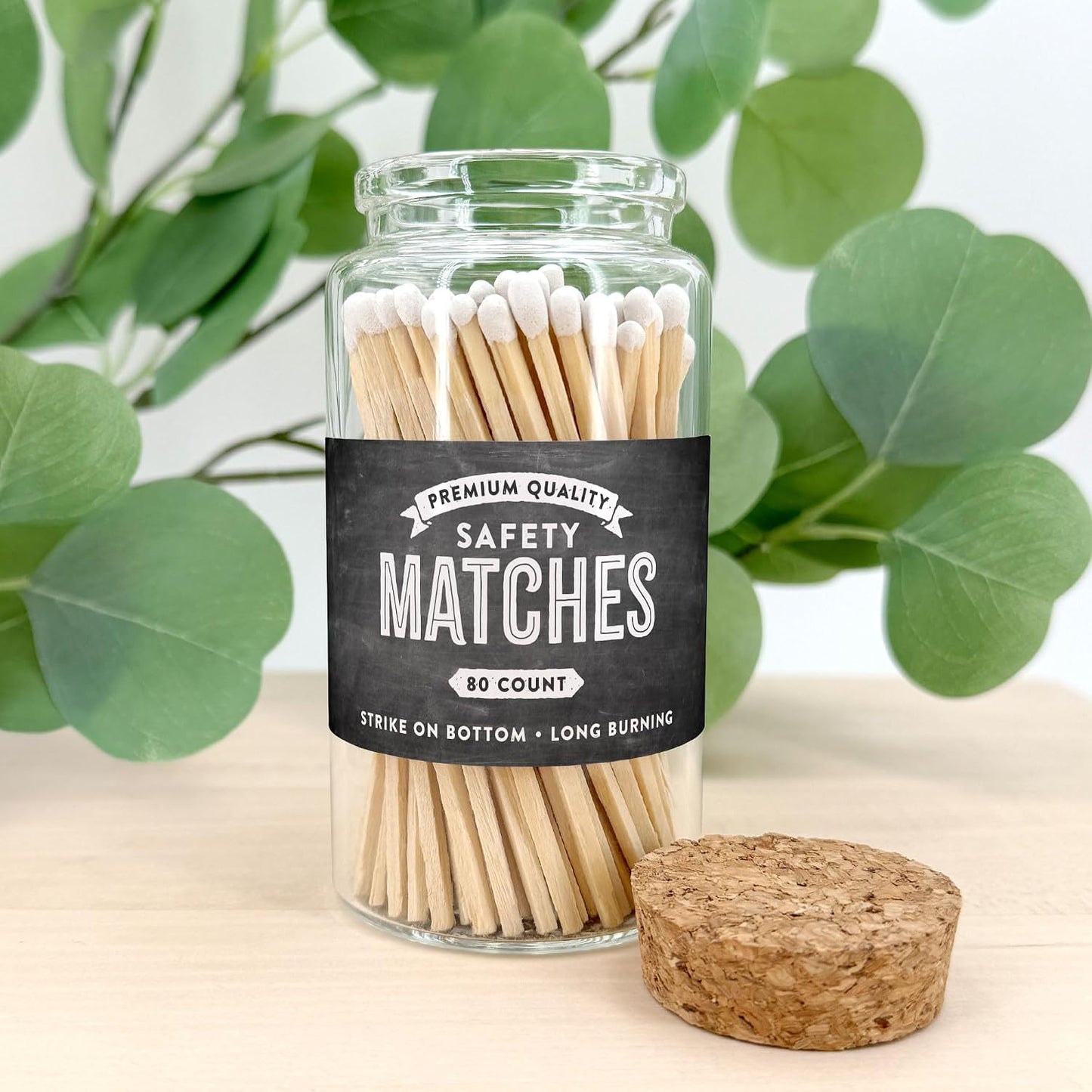 Chalkboard Wooden Matches in a Jar with Striker | Decorative Matches for Candles | Long Matches for Candles in Apothecary Glass Jar | Approx. 80 Safety Matches for Home Decor & Bathroom