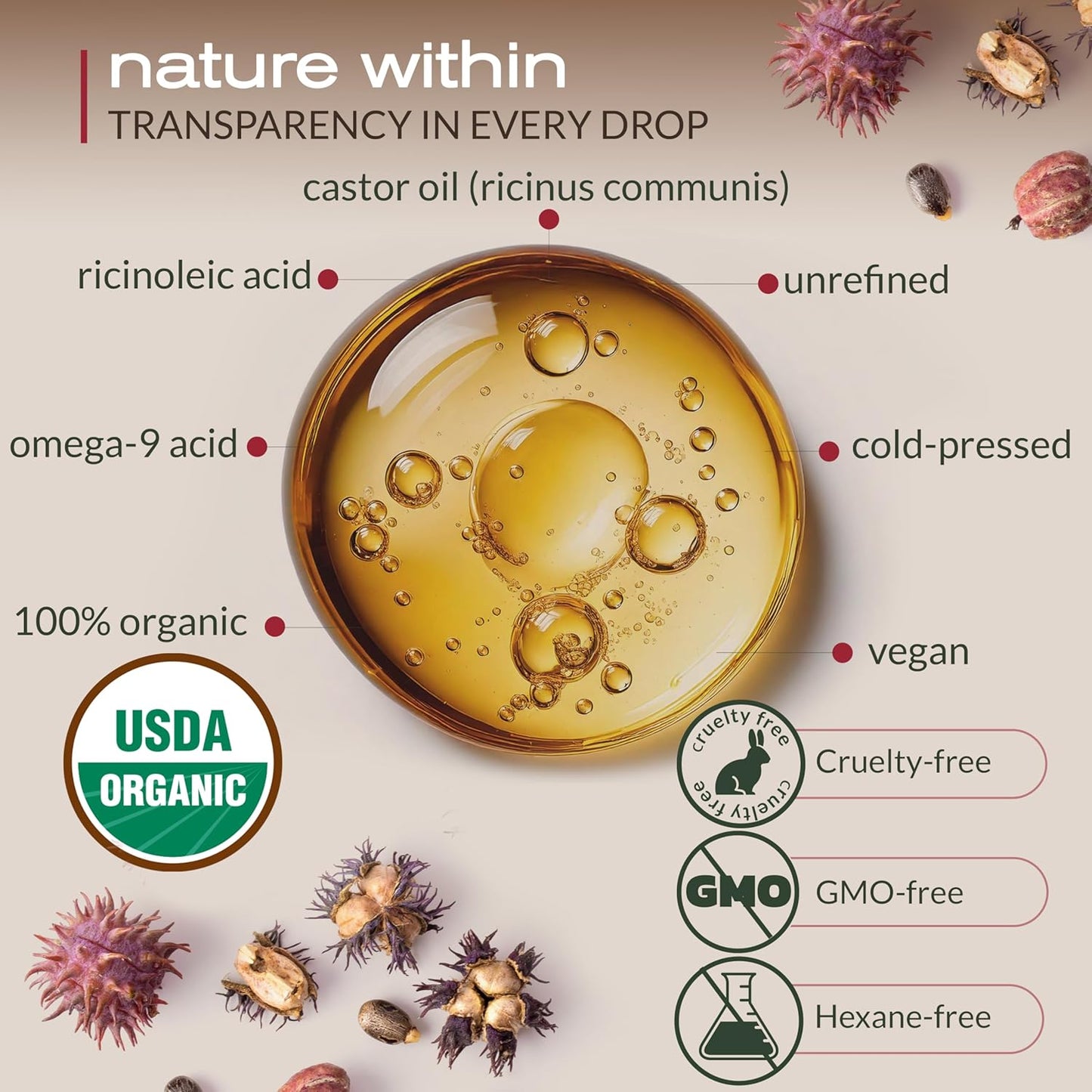 Ella & Eden Organic Castor Oil, Cold-Pressed Hexane-Free, 32 fl oz | USDA Certified, 100% Pure, Unrefined, For Hair Growth, Skin and Face