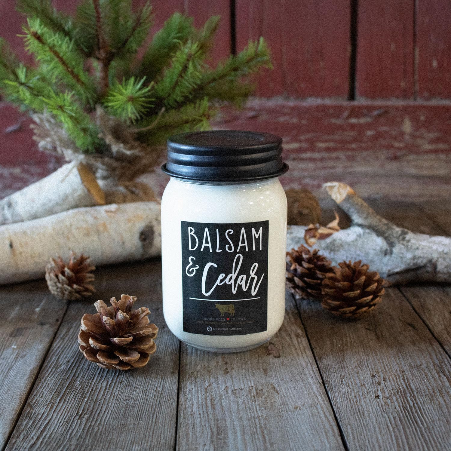 Milkhouse Candle Company Balsam & Cedar Soy Candle - Fresh Balsam | Soft Cedar | Red Apple -13 oz Mason Jar with Lid, 65+ Hour Burn Time, Made in the USA