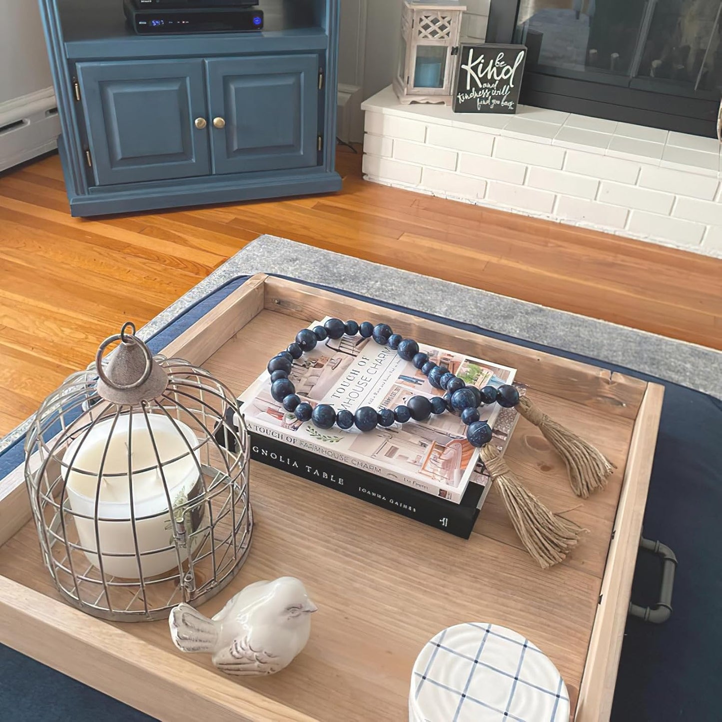 Handcrafted Farmhouse Wooden Decorative Beads Garland, Table Tray Boho Wood Beads with Tassel, Small Rustic Antique Decor for Home and Events (32" Rustic Blue)