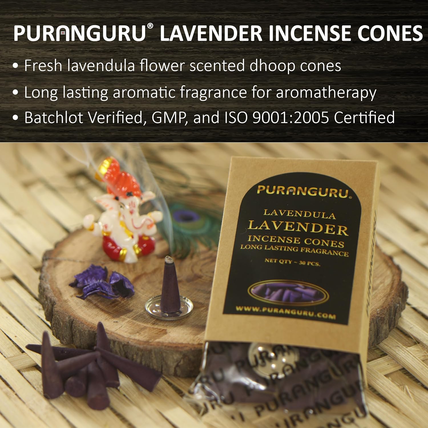 Lavender Incense Cones | 30 Per Box | Big Size 1.5" | Natural Dhoop Cones | Lavendula Flower Fragrance Dhoop Batti Agarbatti | Idea for Aromatherapy, Meditation, Relaxation and Home Décor