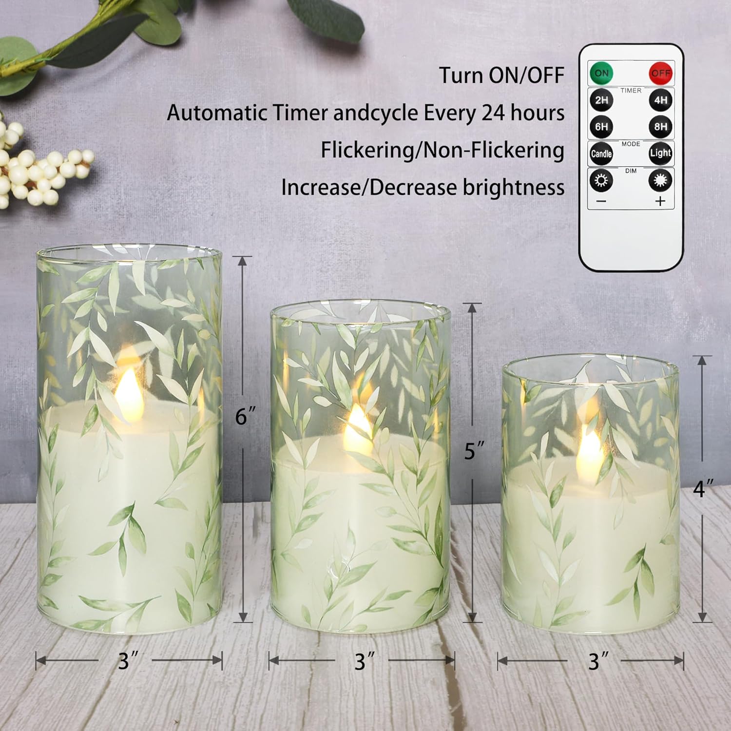 Crystal Club Glass Flameless Candles with Remote Timer, Battery Operated Flickering LED Pillar Candles, Green Willow Leaves Design for Wedding Holiday Home Decor