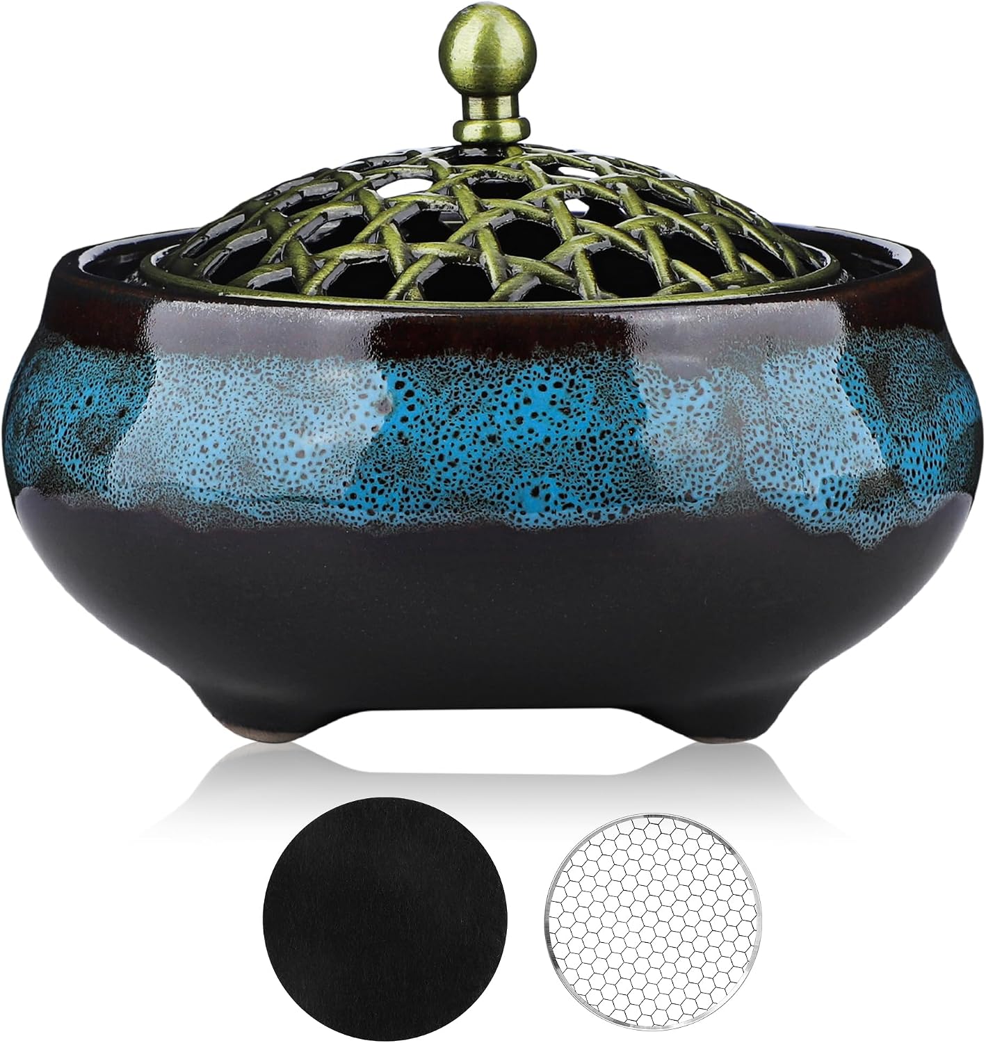 Ceramic Incense Burner for Cone and Backflow Incense, Metal Lid, Stainless Steel Incense Holder, Incense Bowl with Incense Cone Holder & Burner Holder (Fambe Blue)