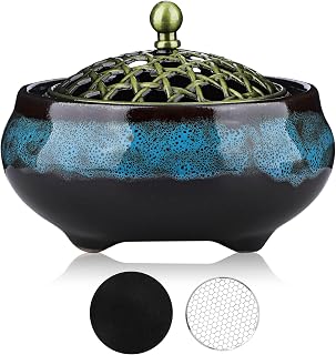 Ceramic Incense Burner for Cone and Backflow Incense, Metal Lid, Stainless Steel Incense Holder, Incense Bowl with Incense Cone Holder & Burner Holder (Fambe Blue)