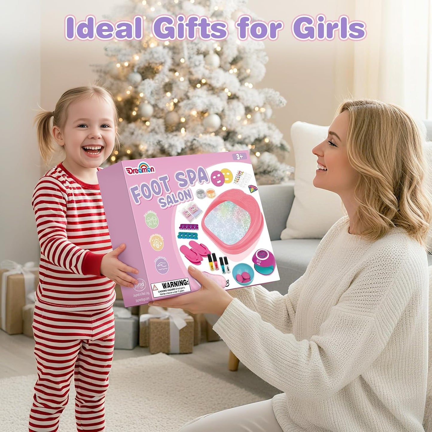 Dreamon Kids Foot Spa & Nail Kit Set - 25 Pcs Kids Spa Day Kit with Middle Size Rainbow Light Massage Foot Soak Tub - Manicure Pedicure Art Salon Girl Stuff - Christmas Birthday Gift for 3-12 Year Old