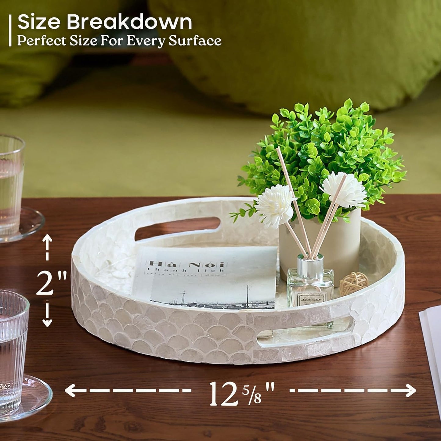 CHI AN HOME 12.6 Inch Capiz Round Decorative Tray, Decorative Serving Tray with Handles for Coffee Table, Kitchen Counter, Bathroom Vanity or Dining Table Centerpiece Tray, Modern Farmhouse Decor