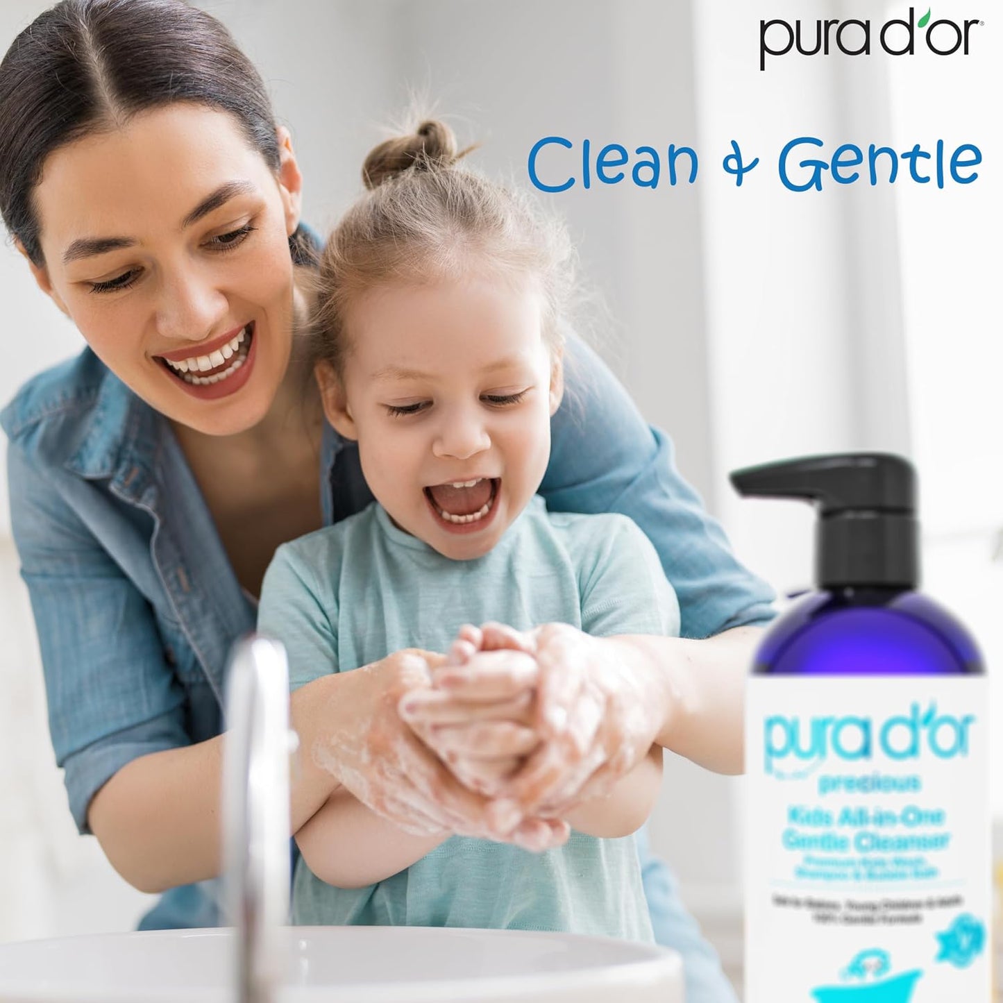 PURA D'OR 16 Oz Kids Wash - All-in-One Gentle Cleanser - USDA Biobased, Sulfate-Free, Tear-Less, Hypoallergenic, Premium, Shampoo & Bubble Bath