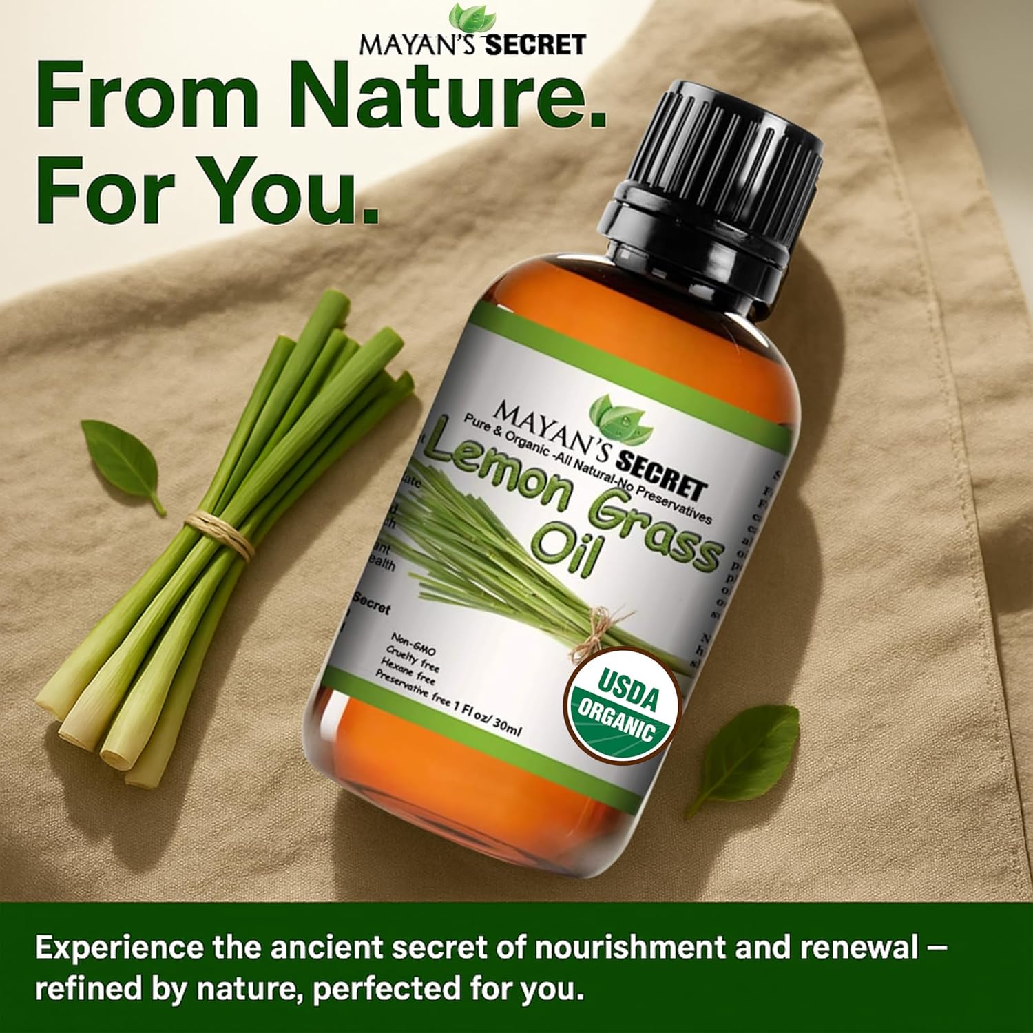 USDA Certified Organic Lemongrass Essential Oil (100% Pure & Natural - UNDILUTED) 1oz Amber Glass Bottle