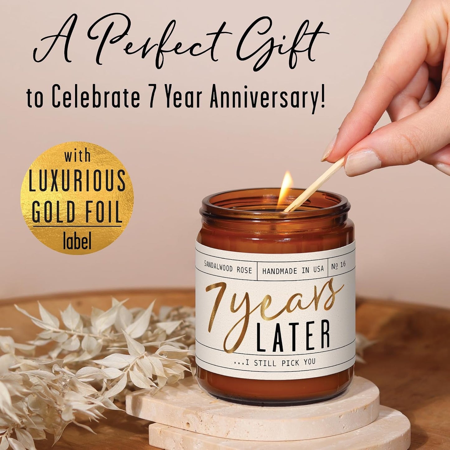 7 Year Gift for Anniversary for Her - '7 Years Later' Soy Candle, w/Sandalwood Rose - Infused w/Essential Oils I 7th Anniversary Wedding Gift for Wife I 50Hr Burn I USA Made