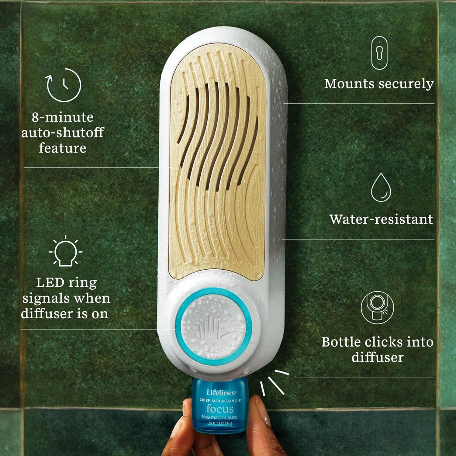 Lifelines Shower Diffuser - Wall-Mounted Essential Oil Diffuser for Showers - Aromatherapy Diffuser for Home Spa Experience, Auto Shut-Off Feature - ClickWick Essential Oil Blend Included