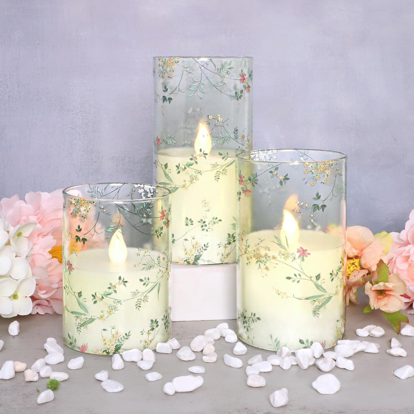 Flameless Candles with Remote Control, Flickering LED Glass Candles, Battery-Operated with Timer and Adjustable Brightness, Floral Branch Design for Home Decor and Wedding, Set of 3