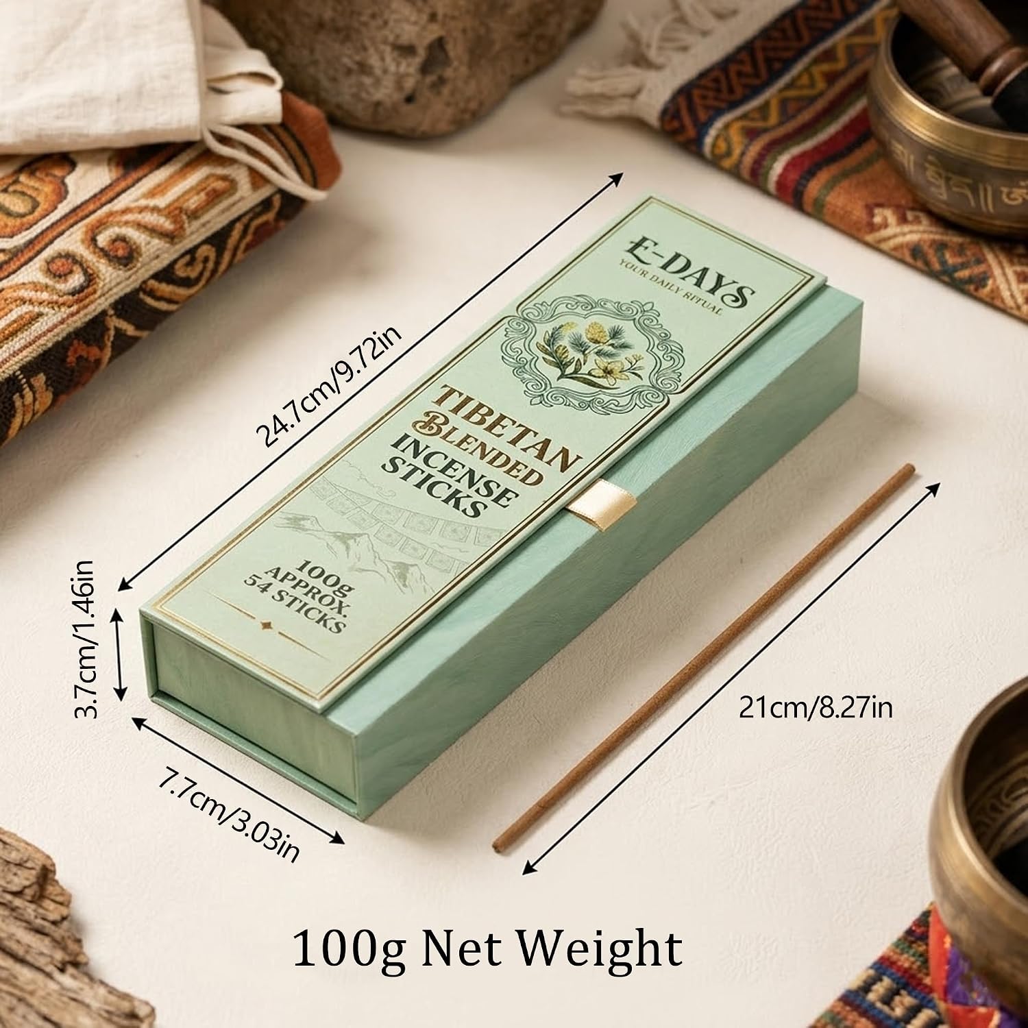 Tibetan Blended Incense Sticks - 100g Natural Herbal Incense for Meditation, Relaxation, Sleep, Handcrafted with 30+ Tibetan Botanicals, 54 Sticks, 21cm, 50 Min Burn Time Light Green Gift Box