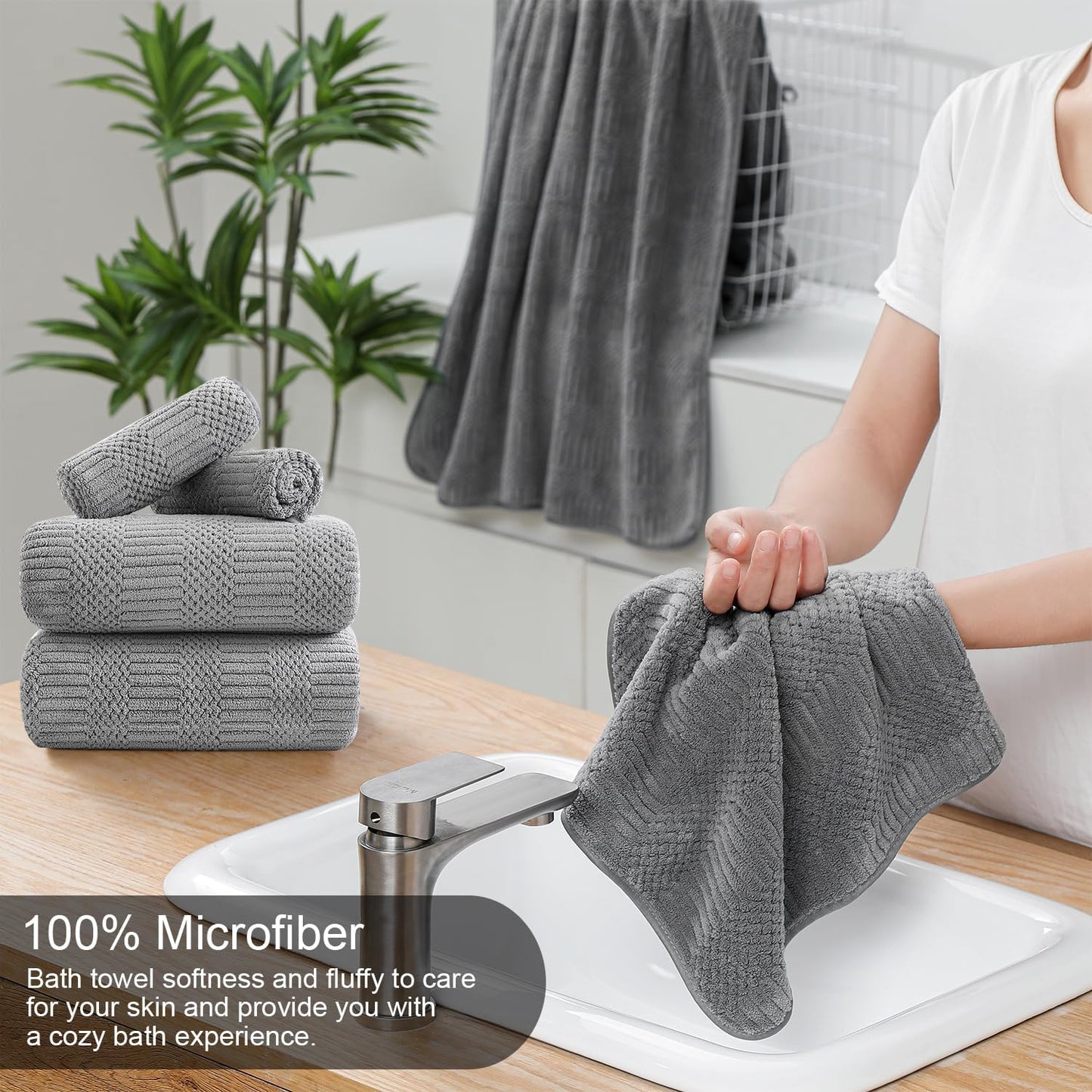 8 Piece Bath Towel Set-2 Oversized Bath Sheets(35"x70"),2 Hand Towels,4 Washcloths-Extra Large Microfiber Towel Sets,Less Lint Highly Absorbent & Quick Dry Bath Towels for Bathroom Gym Pool, Grey