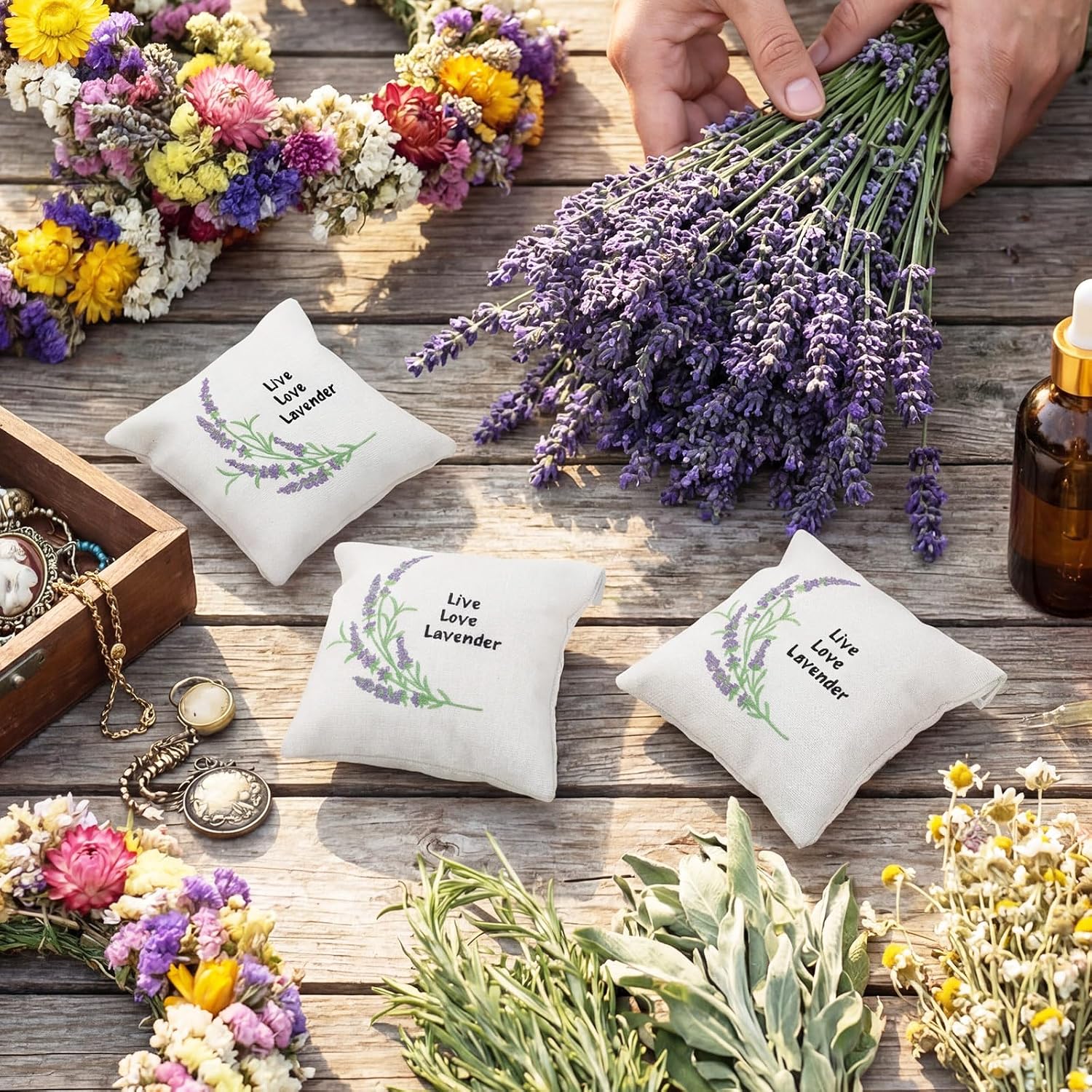 SATINIOR 6 Pack 6 x 6 Inch Embroidered Lavender Sachet Bags Sachet Empty Bags with Hook and Loop Fasteners Cotton Linen Pouch for Filling Spice Jewelry for Wedding(Beige,Novelty)