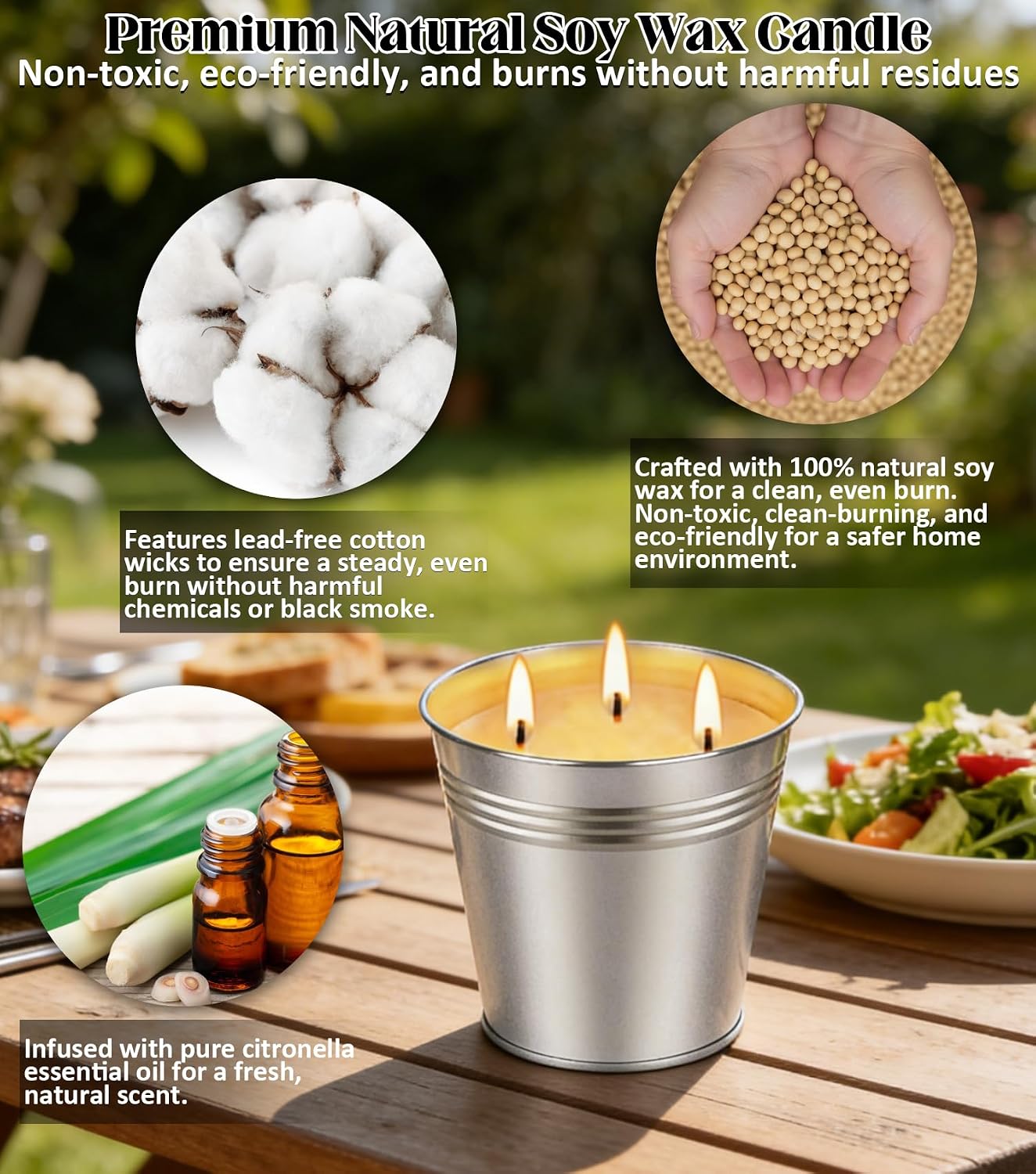 Citronella Candles Outdoor, 2 Pack 32oz Large Citronella Candle 3-Wick Natural Soy Wax Summer Candle Set 210 Hours Long Lasting Burning Huge Scented Outdoor Indoor Candles Garden Yard Camping