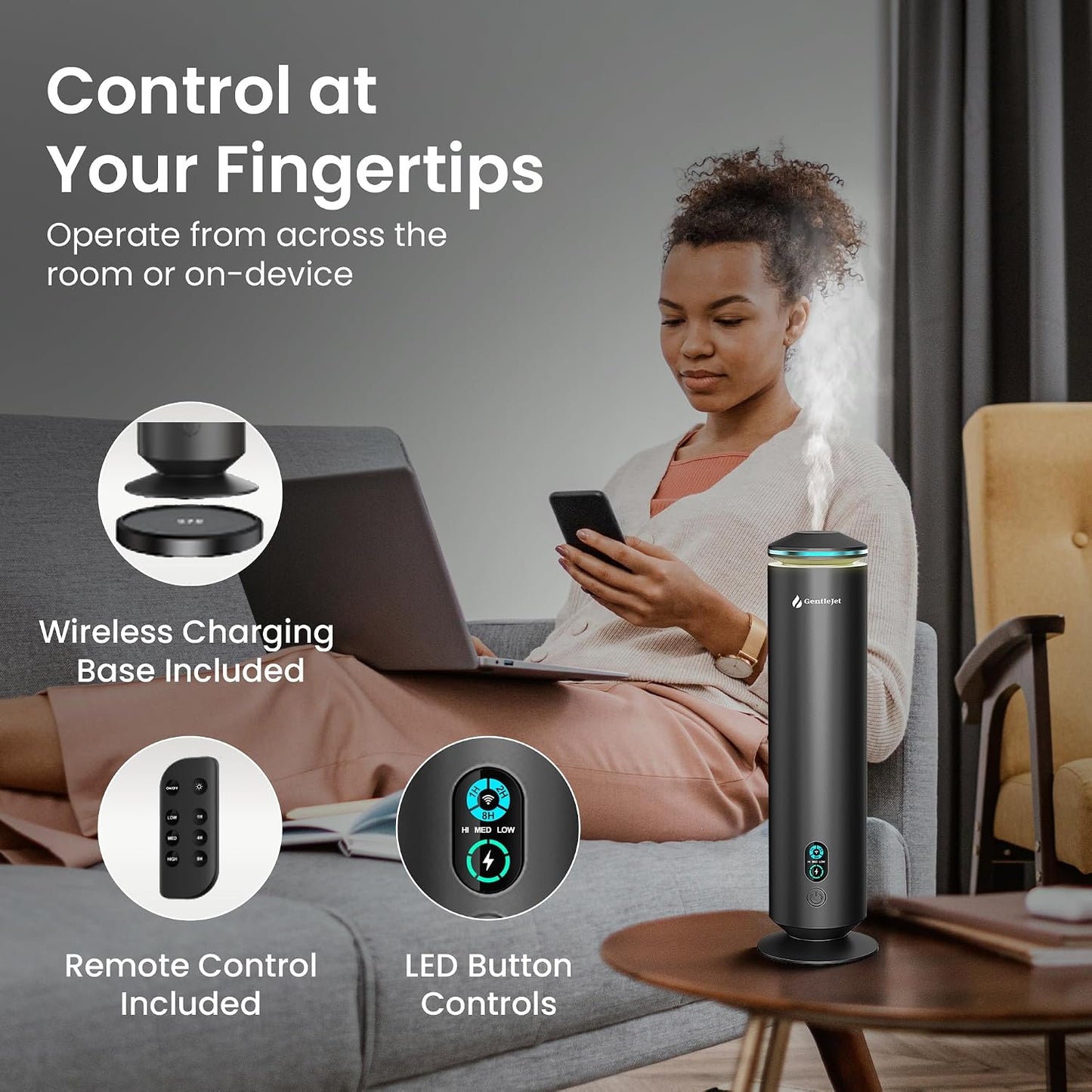 GentleJet MajesticMist Waterless Essential Oil Diffuser for Large Room (1000 sq ft), Cold Air Nebulizing Scent Machine, Rechargeable, Wireless Charging Base, Quiet Aluminum, Remote Control